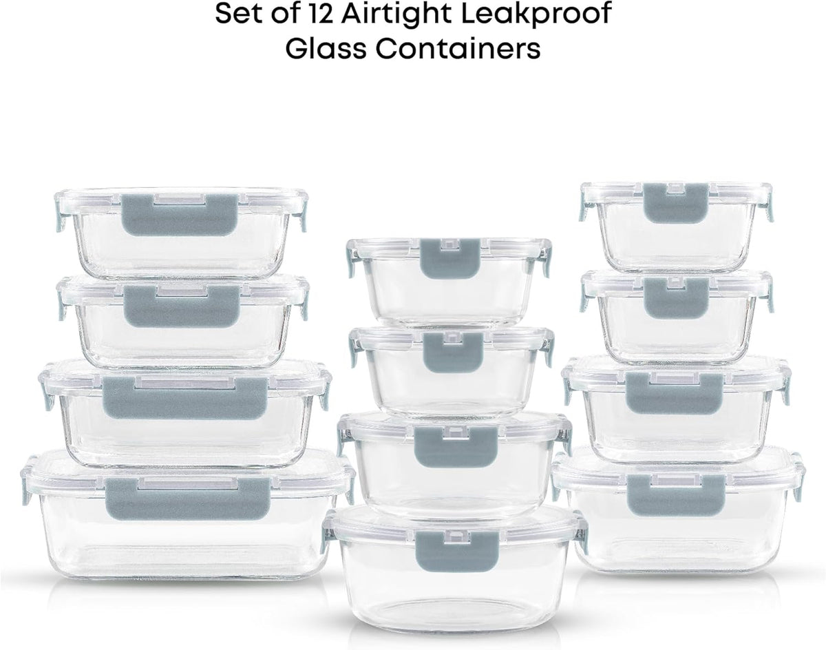 JoyJolt 24pc Borosilicate Glass Storage Containers with Lids | 12 Airtight/Freezer Safe Food Storage Containers for Pantry and Kitchen | Meal Prep Container for Lunch | Glass Tupperware Set