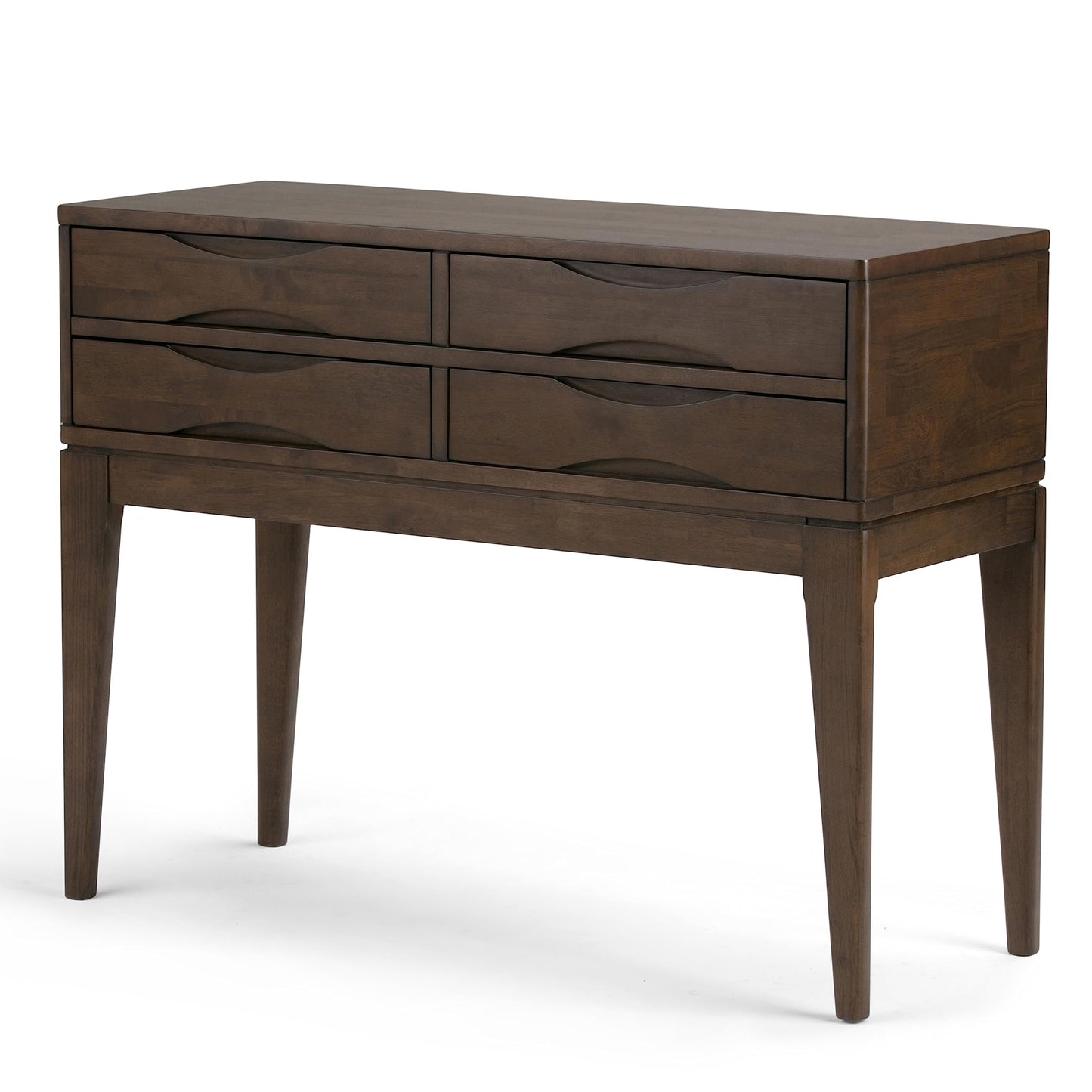 SIMPLIHOME Harper Console Table - 40 Inch Wide Solid Hardwood Sofa Table in Walnut Brown, Mid-Century Modern Storage Table for Entryway or Living Room with 4 Drawers, Notched Handles, and Tapered Legs