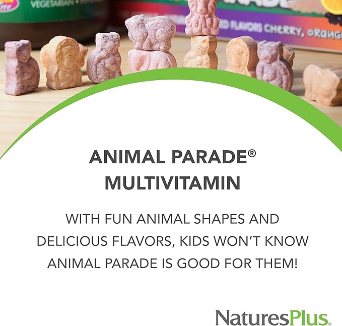 Natures Plus Animal Parade Children's Chewable Multivitamin - 90 Animal-Shaped Tablets - Natural Assorted Flavors - Vegetarian, Gluten Free - 45 Servings