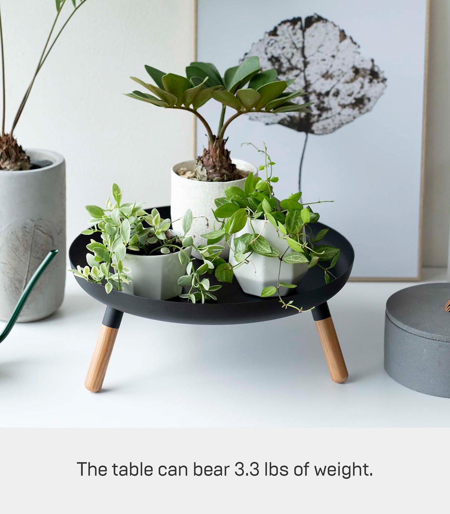 Yamazaki Home Plain Metal Pedestal Table Tray with Wooden Legs for Countertop Or Floor, Holds Fruit, Plants, Tea, Steel + Wood