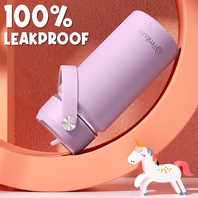 Fimibuke Kids Insulated Water Bottle, 14oz BPA FREE Double Wall Vacuum Tumbler 18/8 Stainless Steel Leak Proof Kids Cups with Straw Metal Water Bottle for School Boys Girls (2 Pack, Milky Pastel)