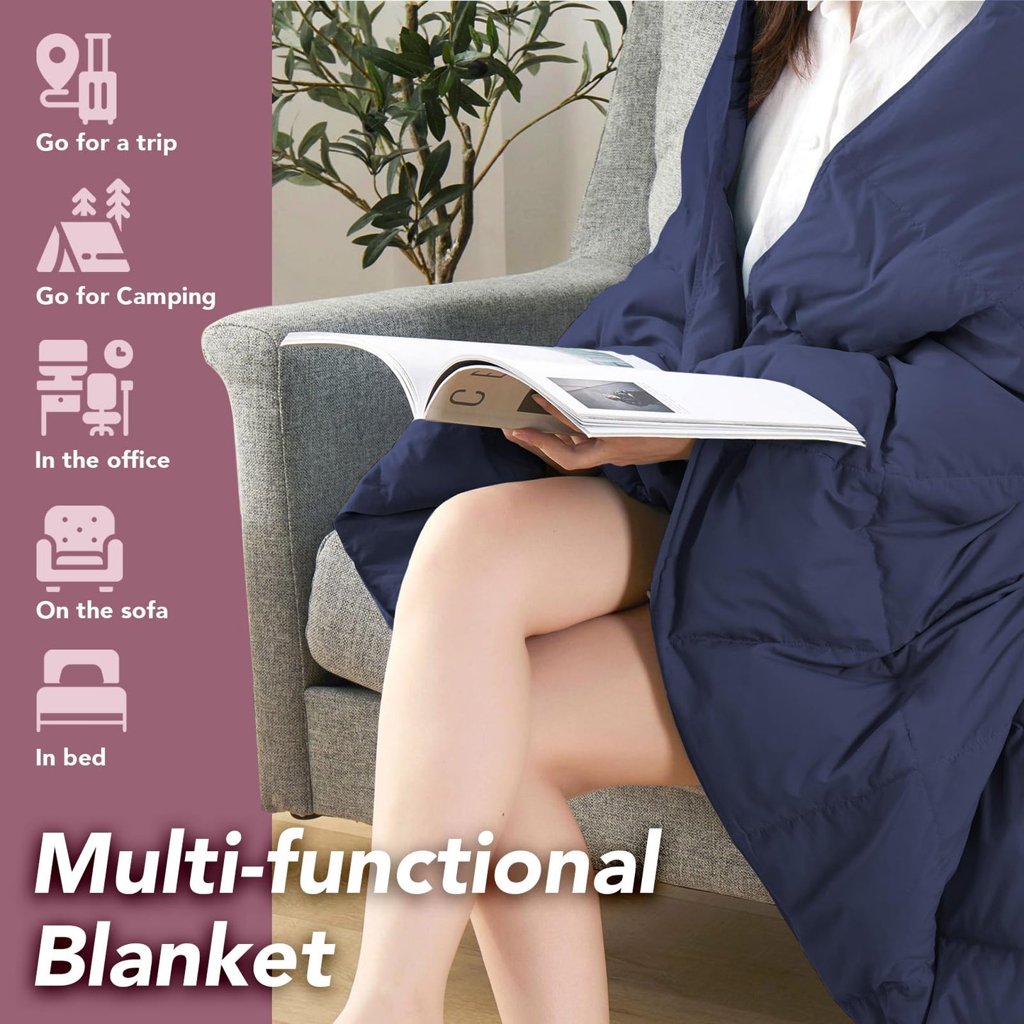 DAICO Lightweight Down Throw Blanket Feather Down Throw for Couch Sofa Soft Packable Down Blanket Throw for Indoor and Outdoor Use 50"x70" Navy Blanket
