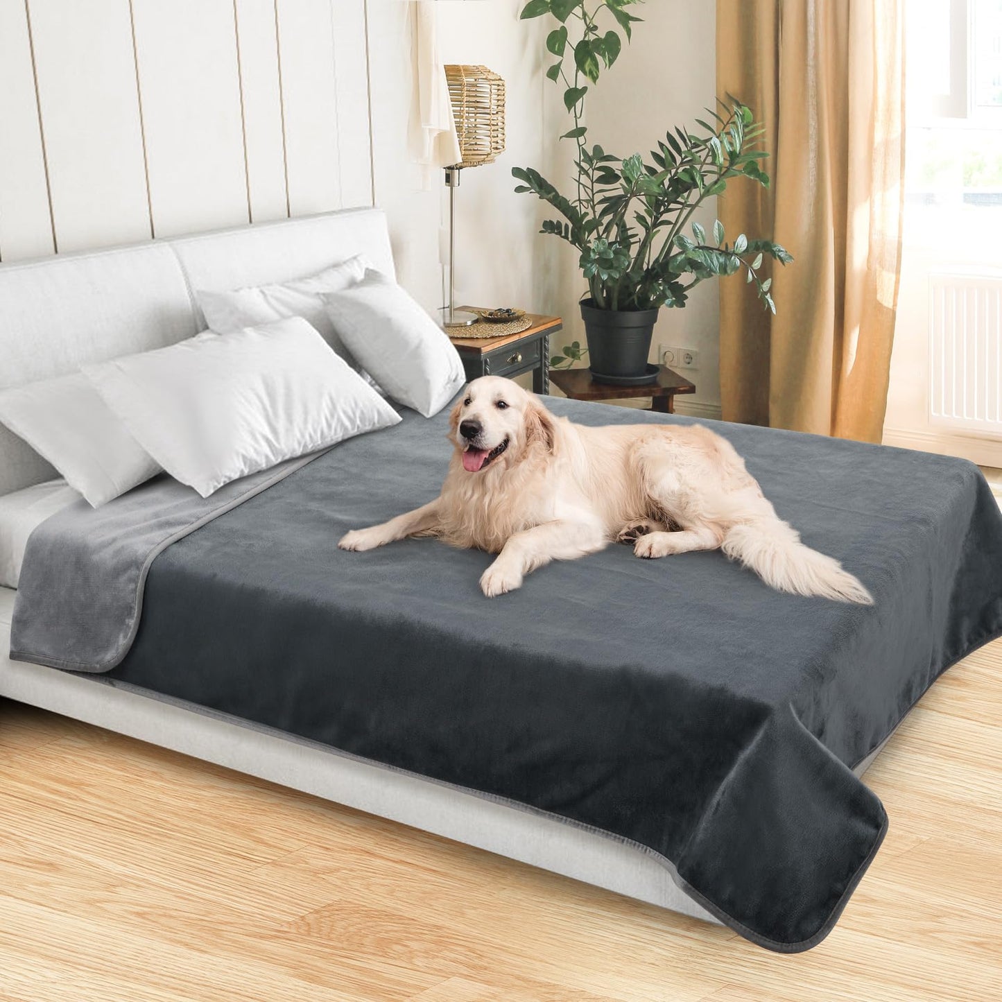LOOBANI Waterproof Blanket for Bed: Reversible Soft Flannel Love Blanket 60" x 80", Bed Blanket for Couples Washable, Spill-Proof Dog Throw Blanket for Couch, Sofa Protect, Camping, Travel, Grey