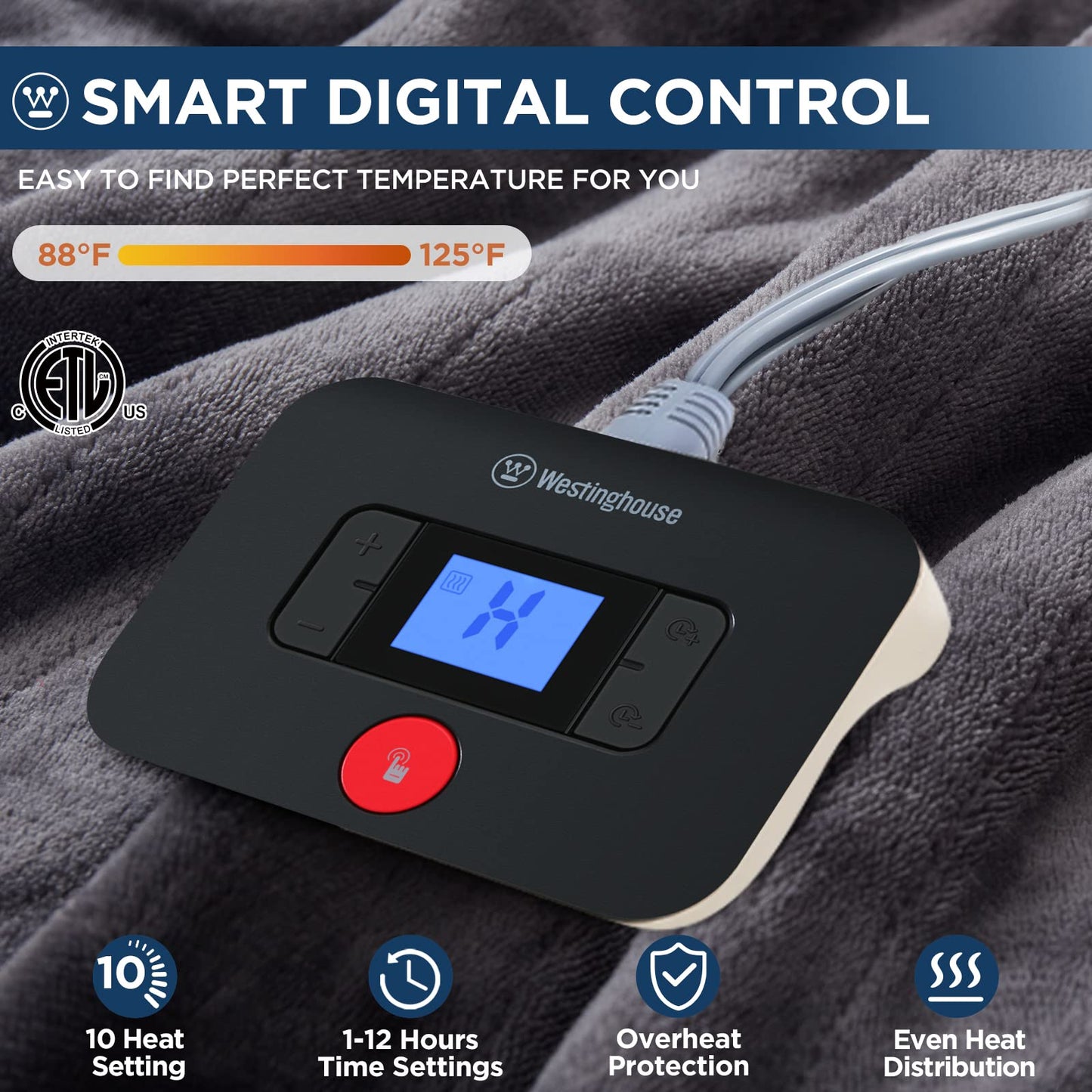 Westinghouse Electric Blanket Twin Size, Super Cozy Soft Flannel 62" x 84" Heated Blanket with 10 Fast Heating Levels & 1-12 Auto-Off, Machine Washable, ETL&FCC Certification, Charcoal