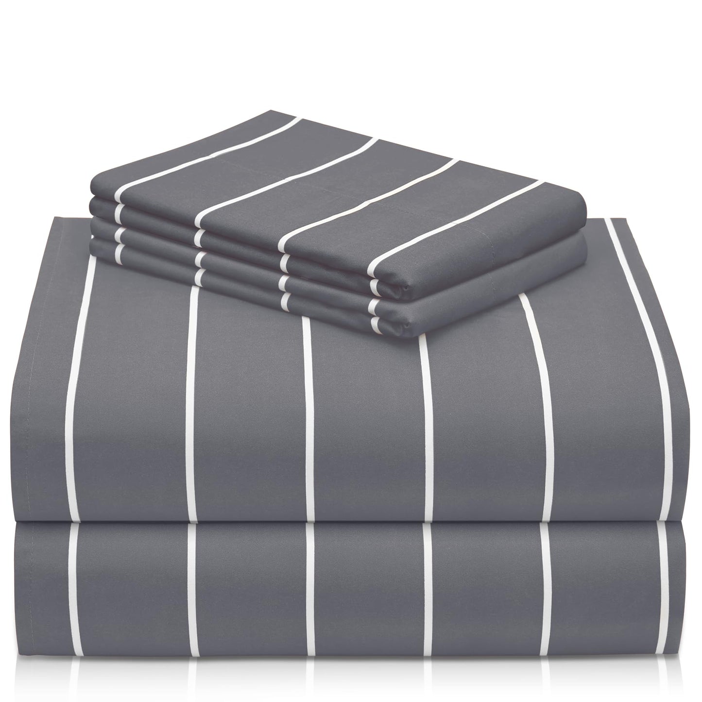 LuxClub 4 PC Queen Size Sheet Set, Breathable Luxury Bed Sheets, Deep Pockets 18" Wrinkle Free Cooling Machine Washable Hotel Bedding (Striped Light Grey)