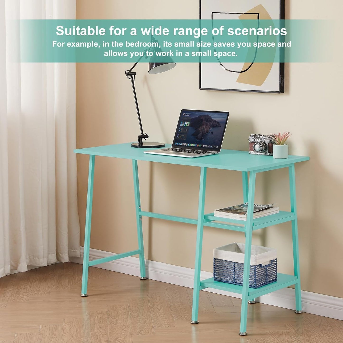 VECELO 43 Inch Computer Desk Writing Study Work Office Table Modern Desk with Shelves Wooden Desk for Home Bedroom,Blue Desk
