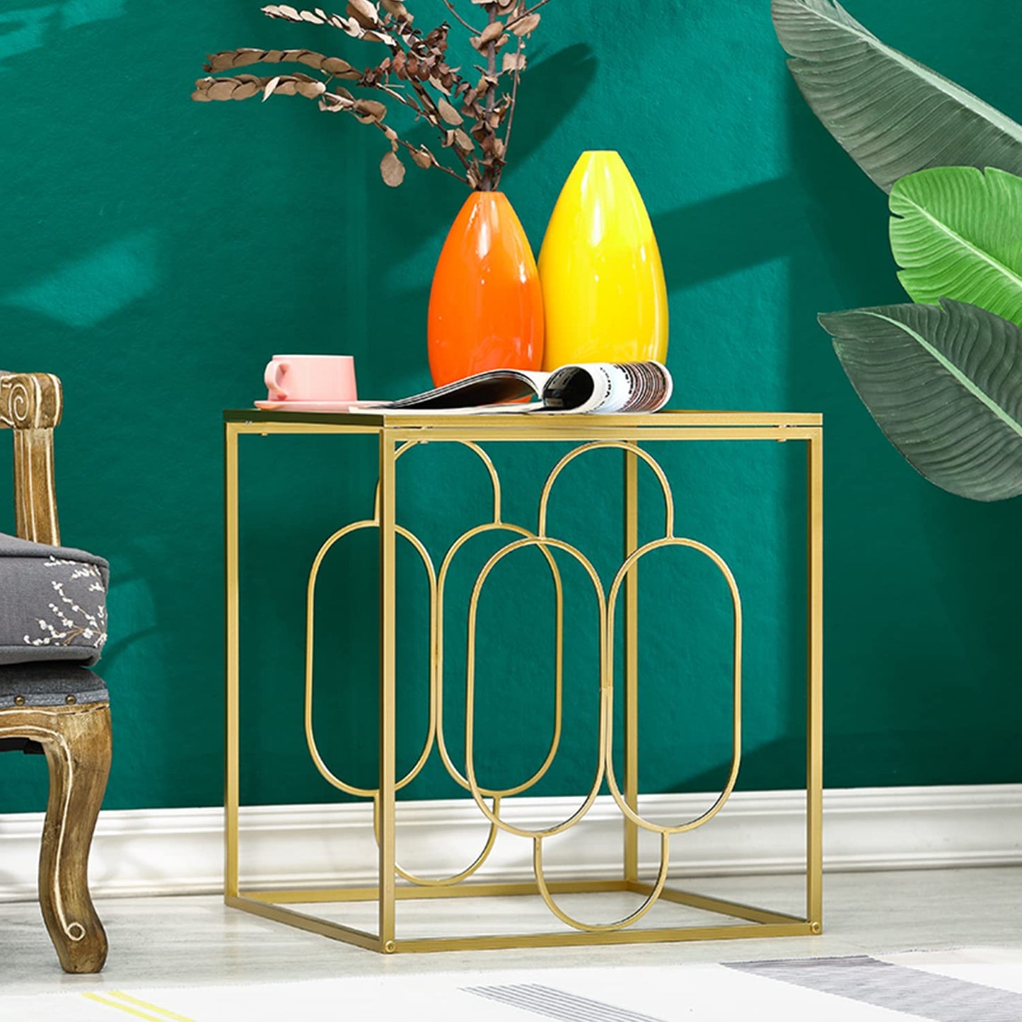 MOCOME 20" W Gold End Table with Tempered Glass Top Metal Square Frame, Side Table Accent Table Nightstand for Living Room Bedroom