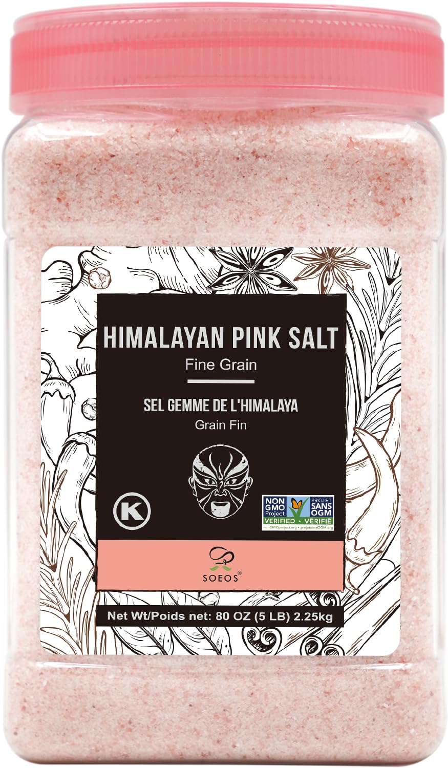 Soeos Himalayan Pink Salt, Fine Grain, 80oz (5 Pound), Non-GMO Himalayan Salt, Kosher Salt, Pink Himalayan Sea Salt Fine