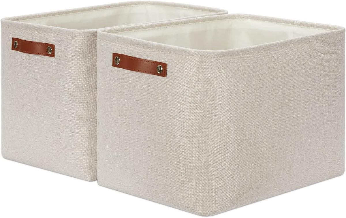 DULLEMELO 2-Pack Large Storage Baskets for Organizing 16"x12"x12" Canvas Fabric Storage Basket Bins With Leather Handles for Shelf Clothes Empty Gift Basket (Beige)