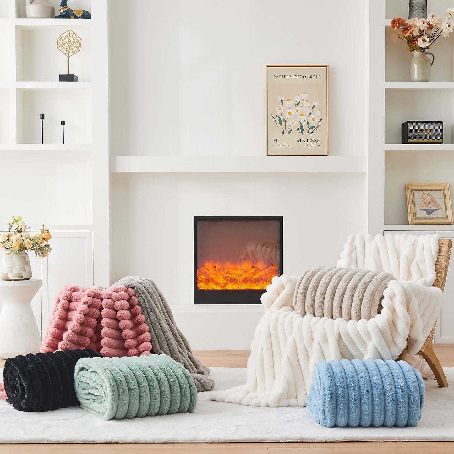 Lotus Karen Faux Fur Throw Blanket - Stripe Faux Rabbit Fur Blanket for Couch, Cozy Soft Fluffy Fuzzy Blanket, Warm Thick Furry Plush Shaggy Small Blankets for Women, Blue,50x60 Inches