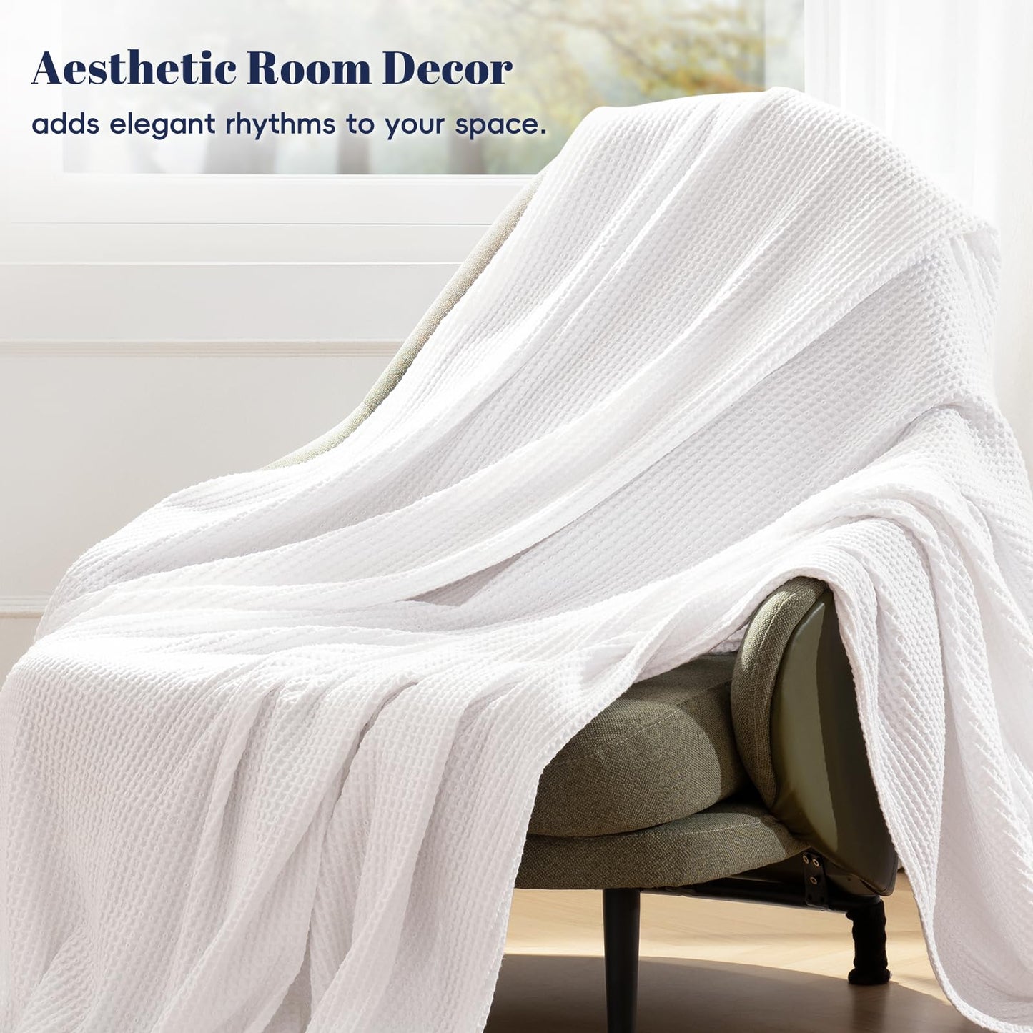 PHF Pre-Washed Cotton Waffle Weave Blanket Queen Size for Bed,Snag Proof Throw Blanket for Couch Spring Summer Lightweight Breathable,Oeko-TEX Certified,Machine Washable, Home Decor Gift-White