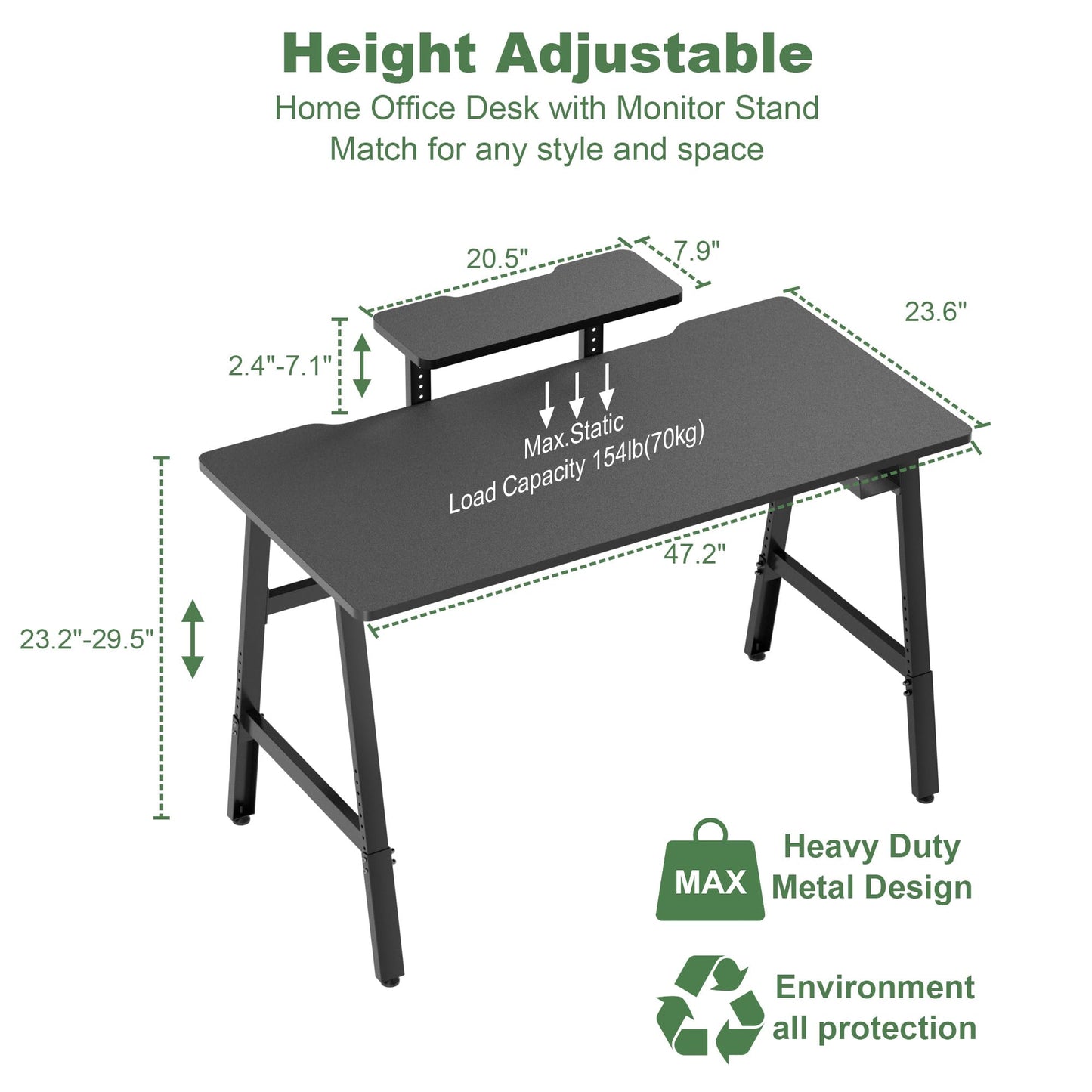UPGRAVITY Height Adjustable Computer Desk - 47" Gaming Desk, Small Home Office Desk with Monitor Stand, Modern Simple Table Study Writing Work, Living Room Home Bedroom PC Table, Metal Frame, Black