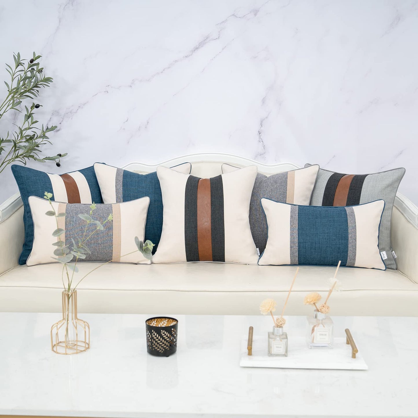 Yangest Patchwork Pillow Cover 18x18 Inch Luxury Cotton and Linen Cushion Cover Square Pillowcover for Couch Bedroom Living Room, Blue