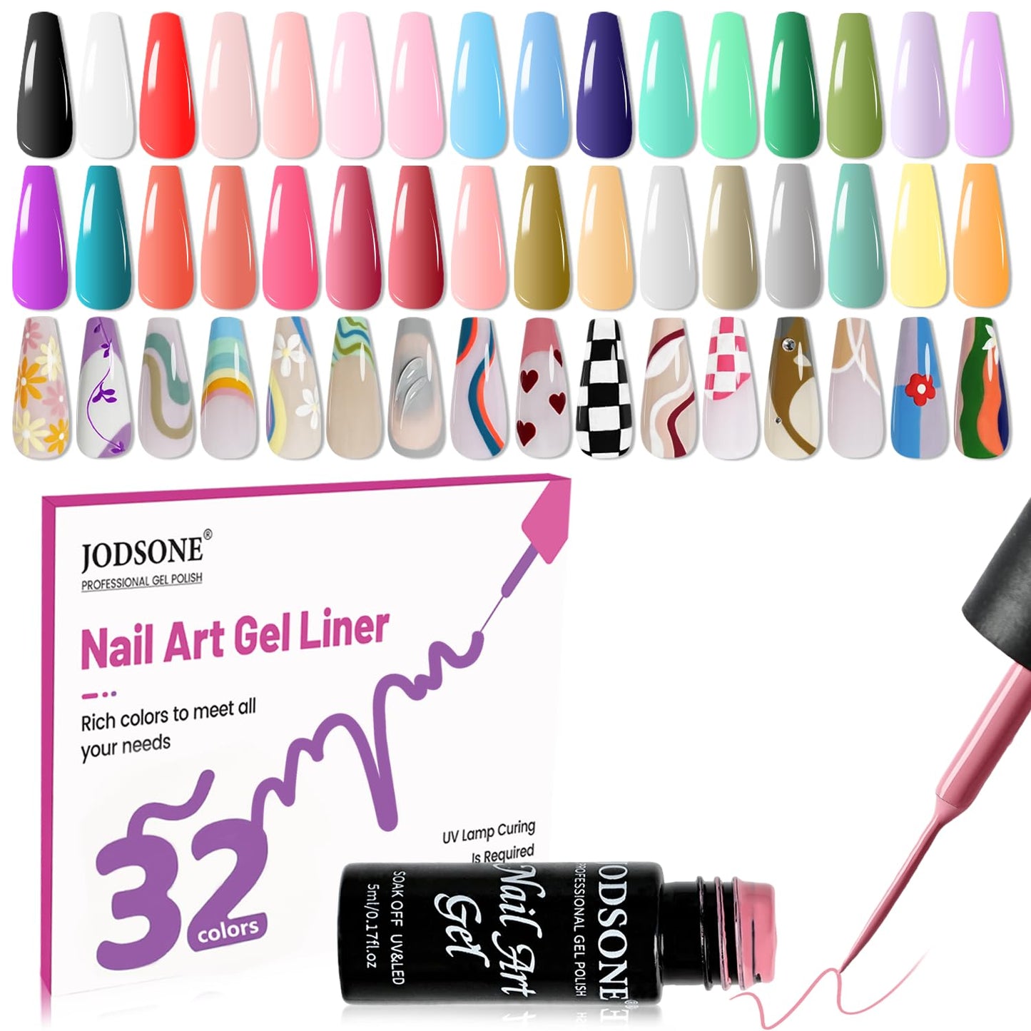 JODSONE Gel Polish Nail Art Gel Liner Set 32 Colors Orange Grey Pink Green Blue White Black Need U V Lamp Cured with Thin Brush Gift for Girls