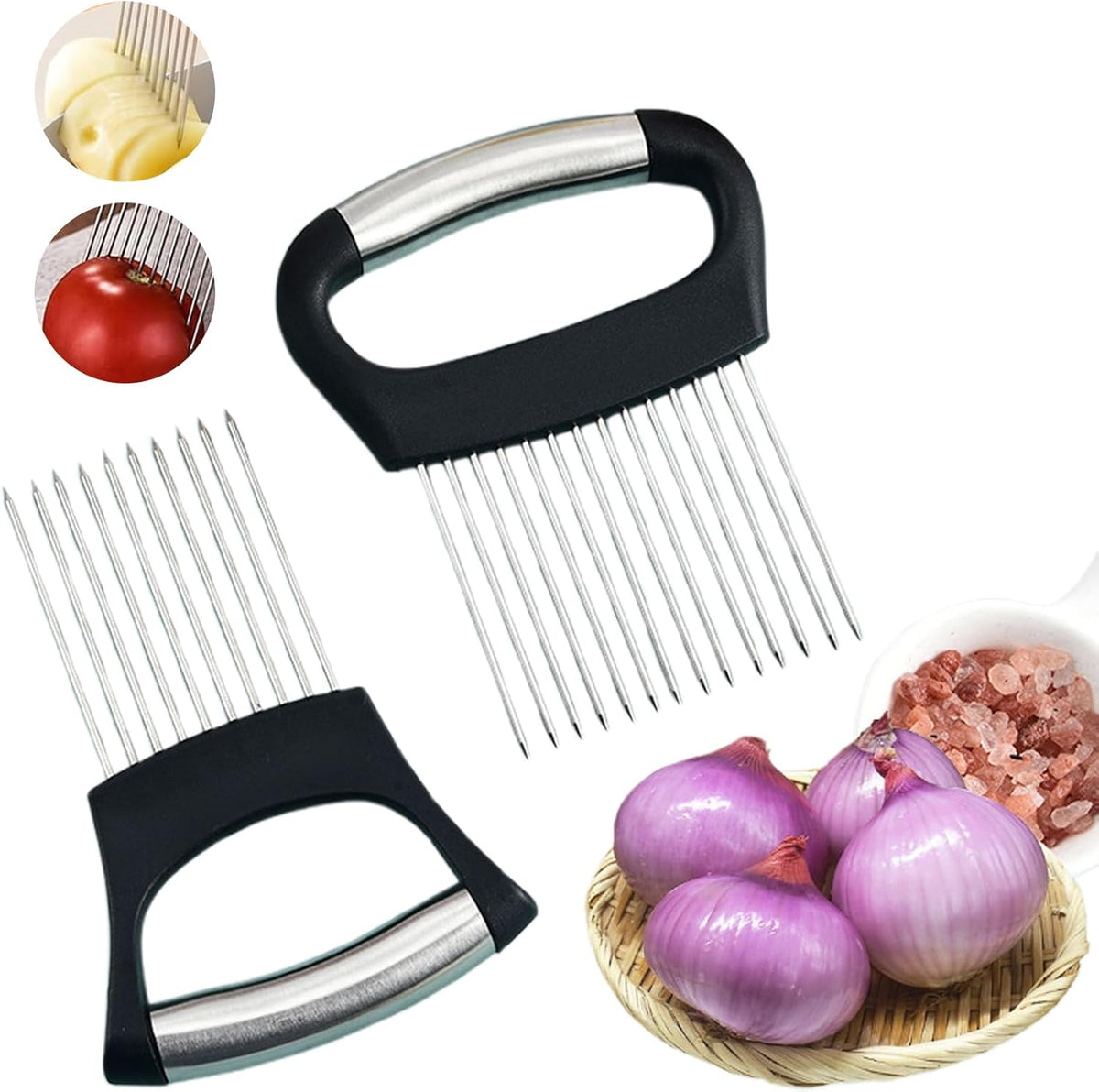 Onion Holder for Slicing, Large Onion Cutter Vegetable Chopper, Stainless Steel Tomato Slicer for Potato Lemon, Practical Meat Tenderizer Tool(2 Pcs)