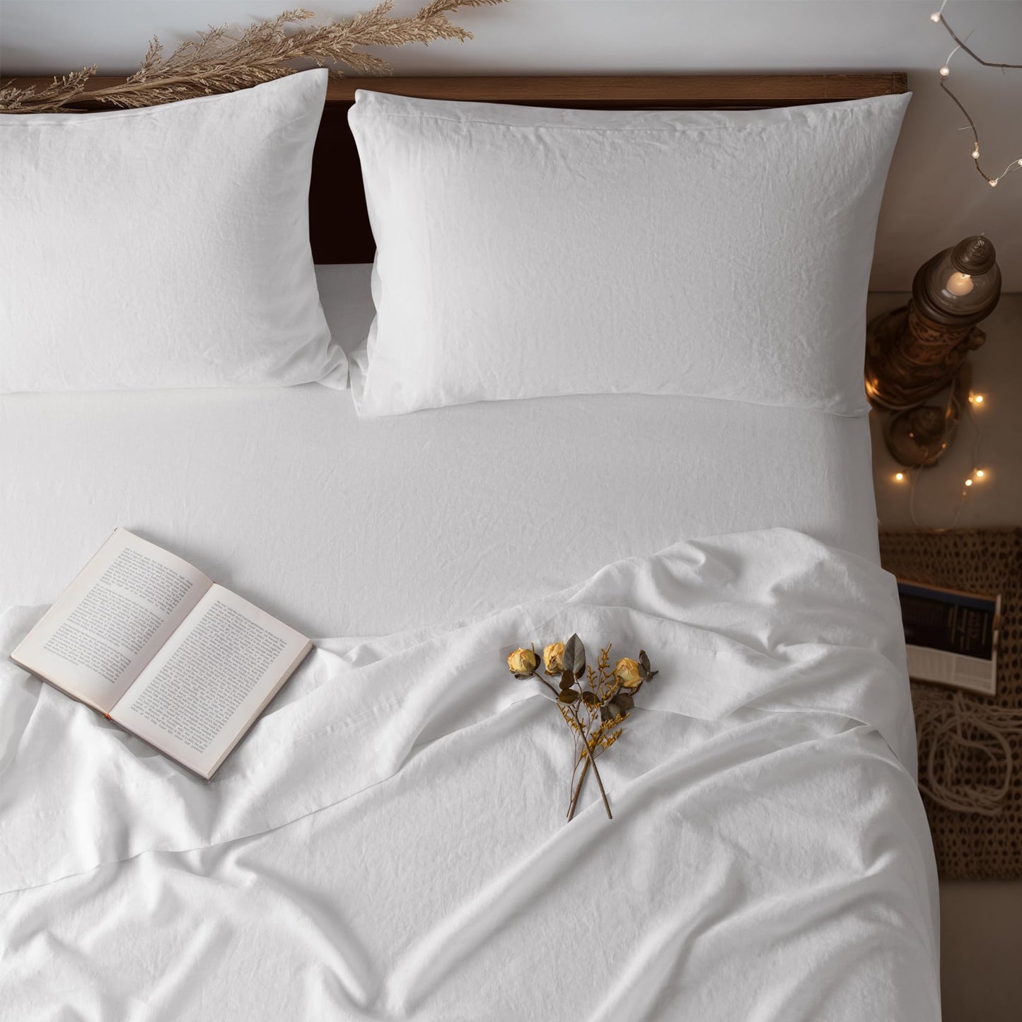 LBR02M 100% Linen Sheet Set King Size, Bed Sheets 4 Piece Sets, Solid Color Natural Flax Bed Sheets Soft Breathable Bedding, 16" Deep Pocket, All Season (King, White)