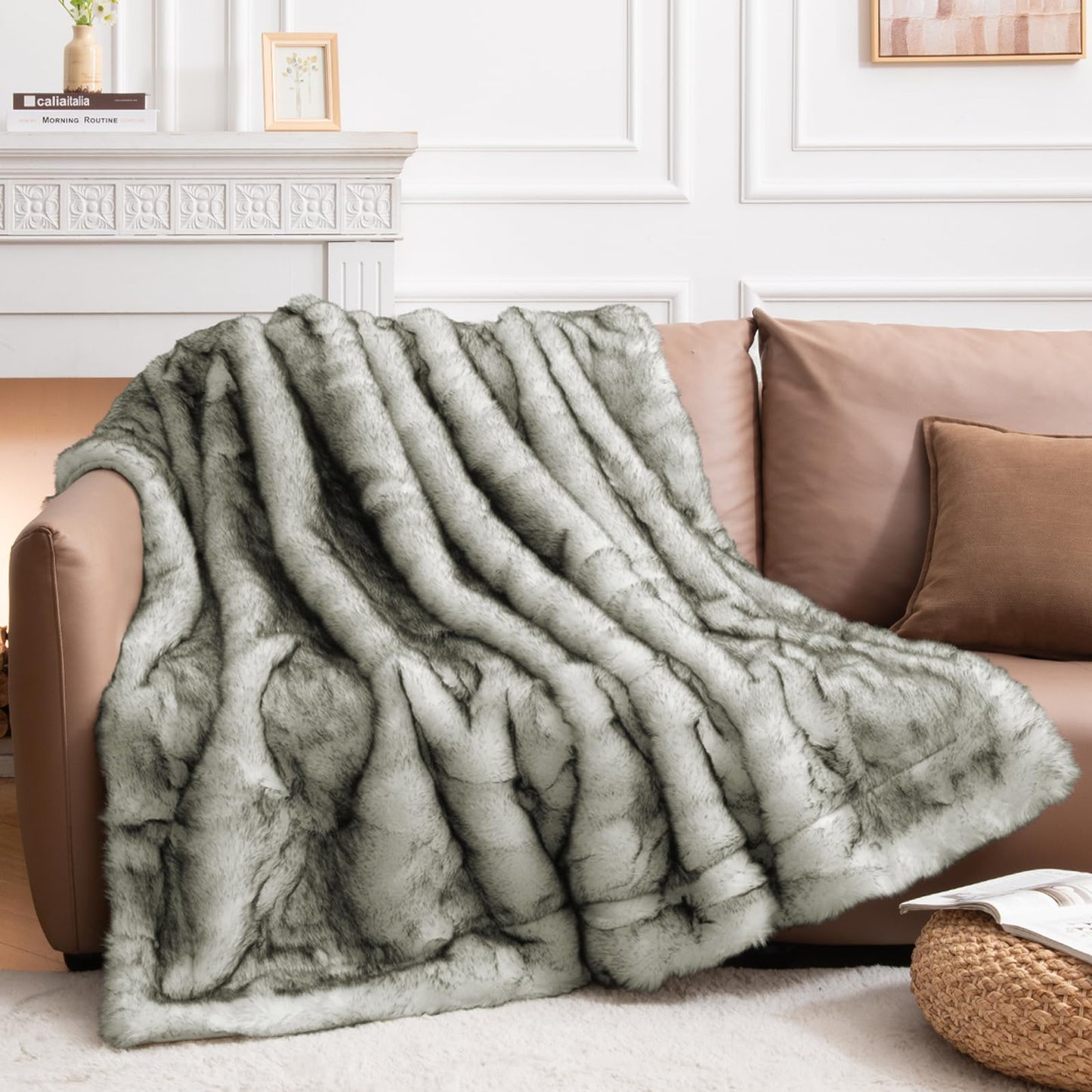 HOMFINE Luxury Faux Fur Blanket - Super Thick Warm Long Fluff Fuzzy Throw Blanket for Bed, Sofa, Couch, Home Decor with Soft Cozy Plush Velvet Back, 60"x80", Off-White with Grey