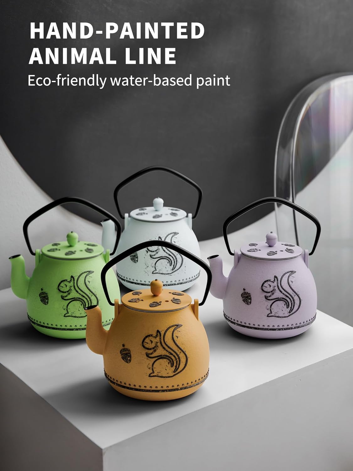 Toptier Teapot with Removable Infuser, Cast Iron Tea Kettle Stovetop Safe, Squirrel Design Tea Pot Coated with Enameled Interior for 32 Ounce (950 ml), Bright Green
