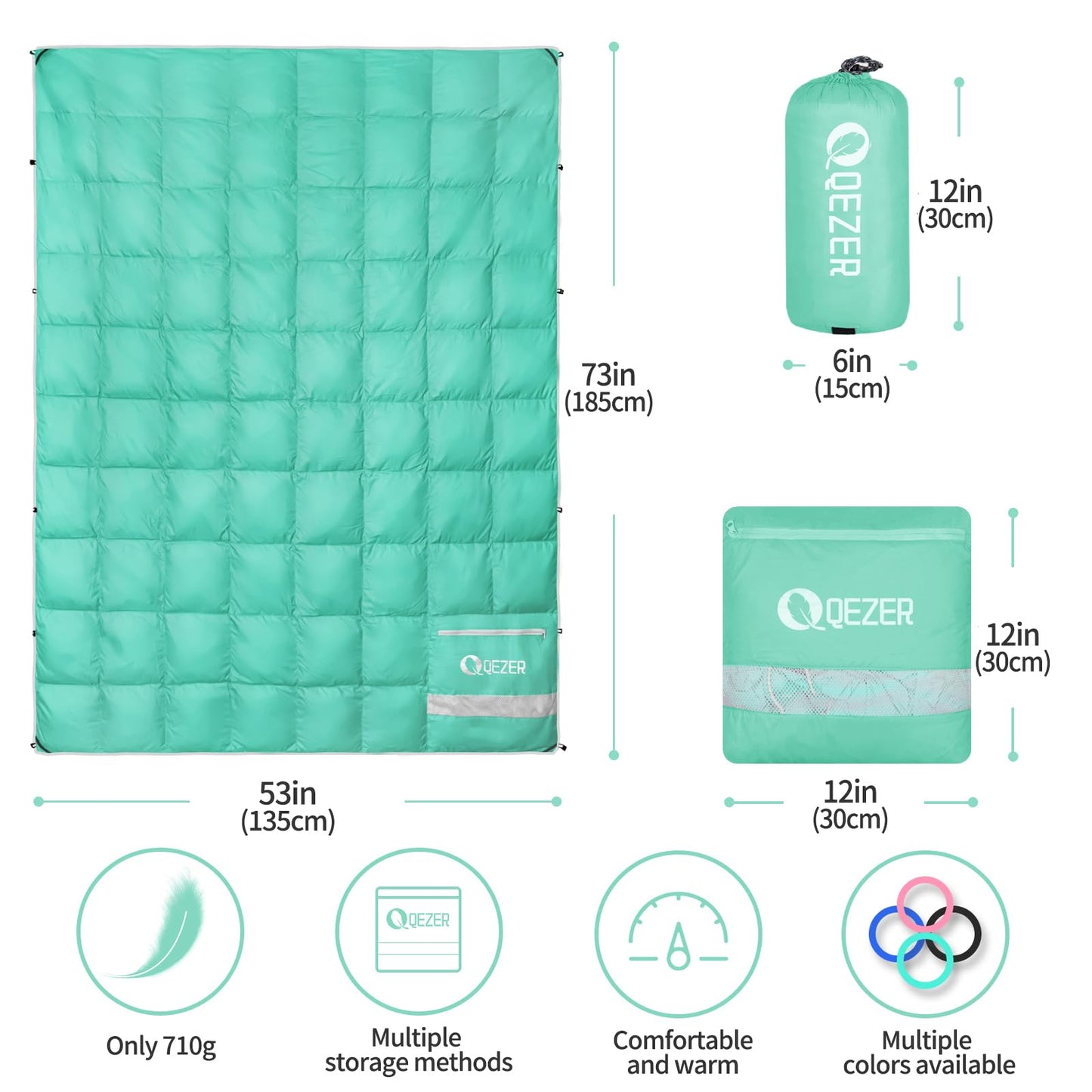 QEZER Down Camping Blanket Packable,600+Fill Power，Multi-Purpose Warm Camping Quilt for Outdoor Camping, Backpacking, and Hiking, 73x53 inches.（Light Green）