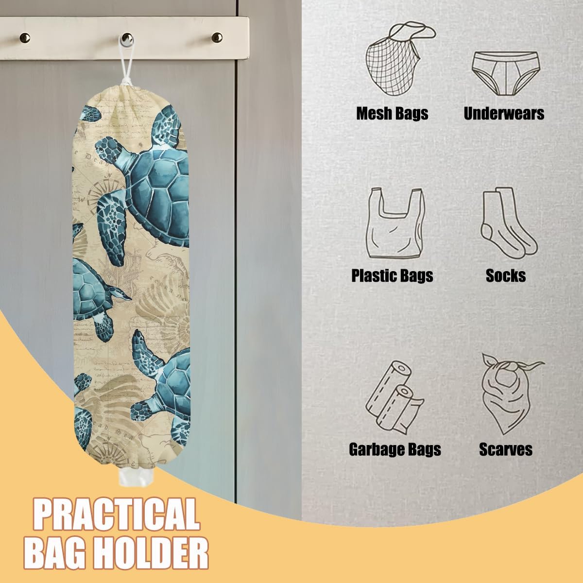 Sea Turtle Plastic Bag Holder, Wall Mount Grocery Bag Holder, Plastic Storage bag, Pull Rope Free Adjustment, Plastic Bag Holders for Grocery Bags, Plastic Bag Dispenser for Home Kitchen