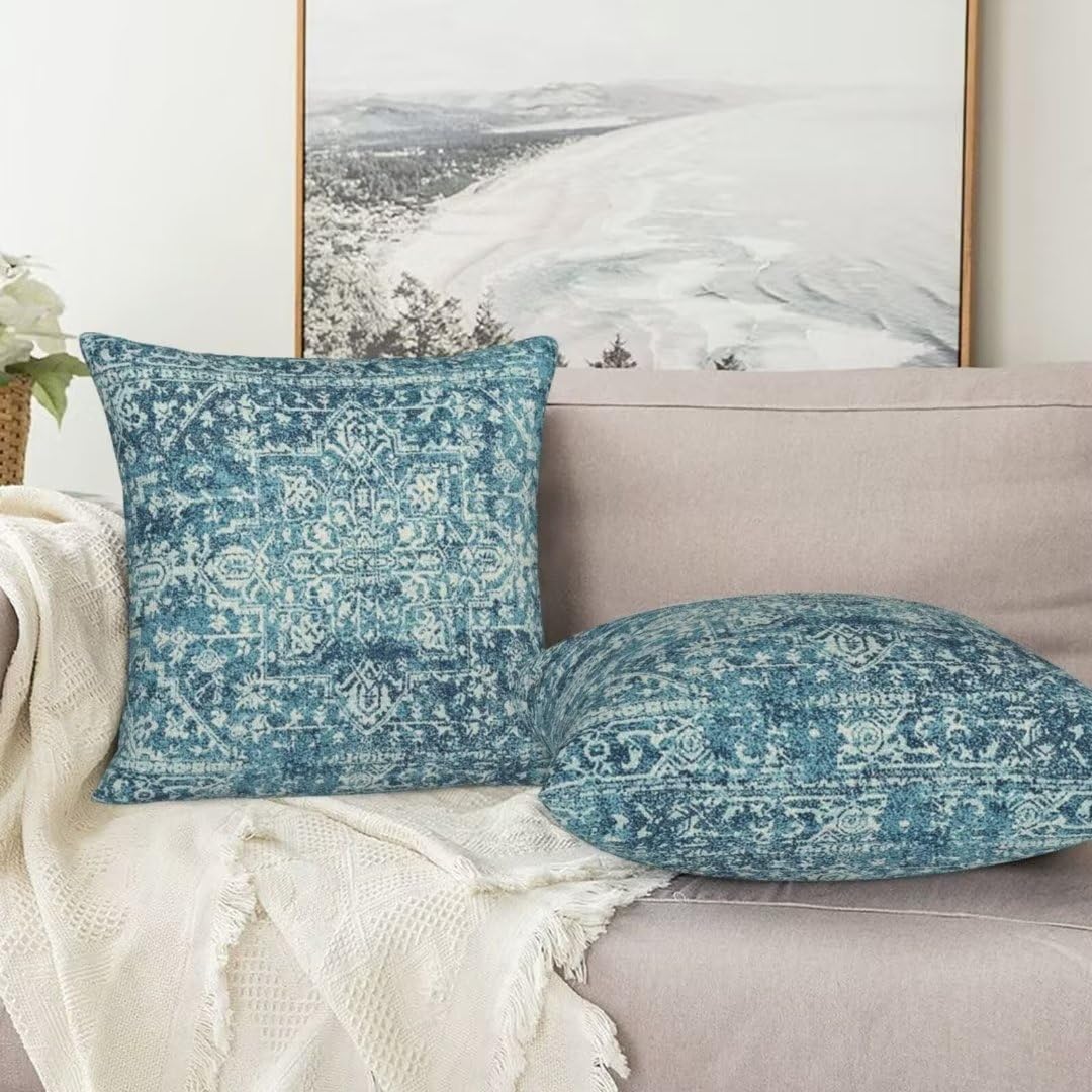 Sunshineyan Teal Boho Pillow Covers 18x18 Set of 2, Bohemian Carpet Pattern Outdoor Decorative Throw Pillows Linen Ethnic Design Rustic Farmhouse Cushion Cases for Couch Sofa Decor