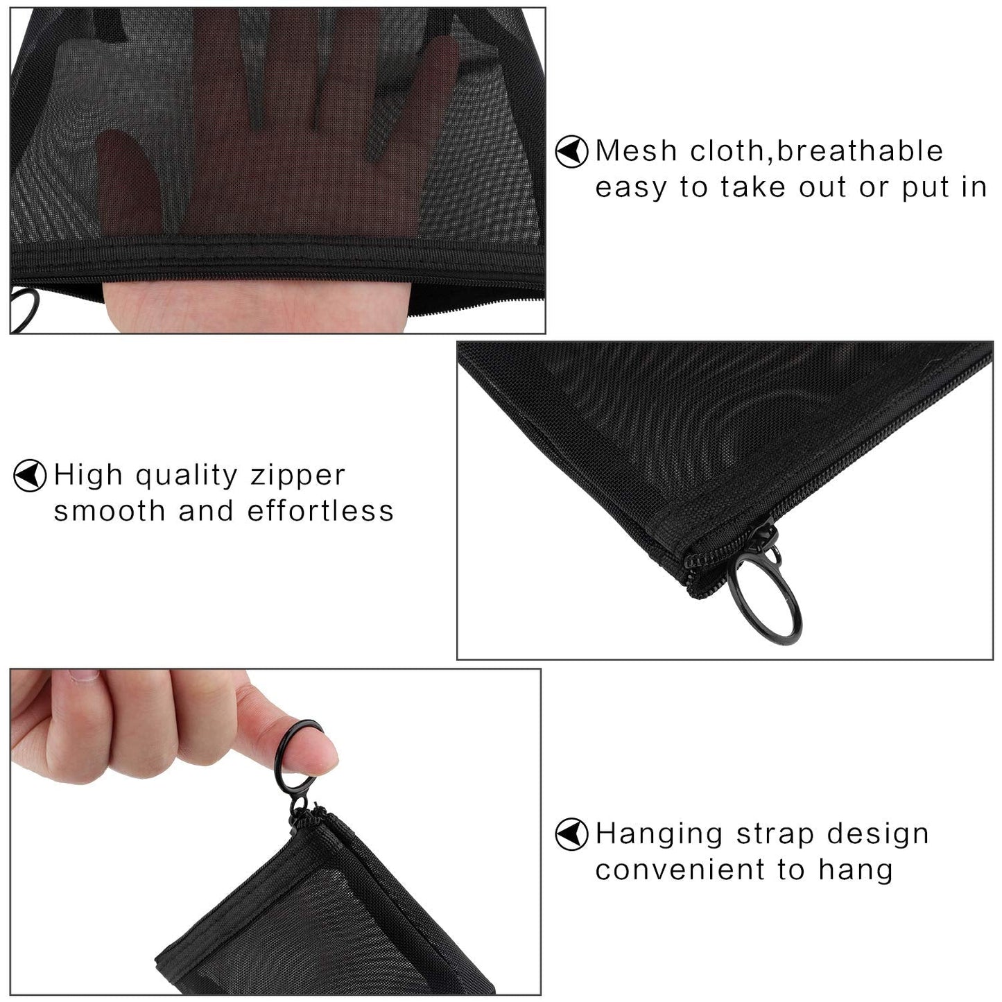 Boao 3 Piece Mesh Cosmetic Bag Mesh Makeup Bag with Zipper Pouch Travel Toiletry for Makeup Organizer Home Office Travel Accessories(Black)