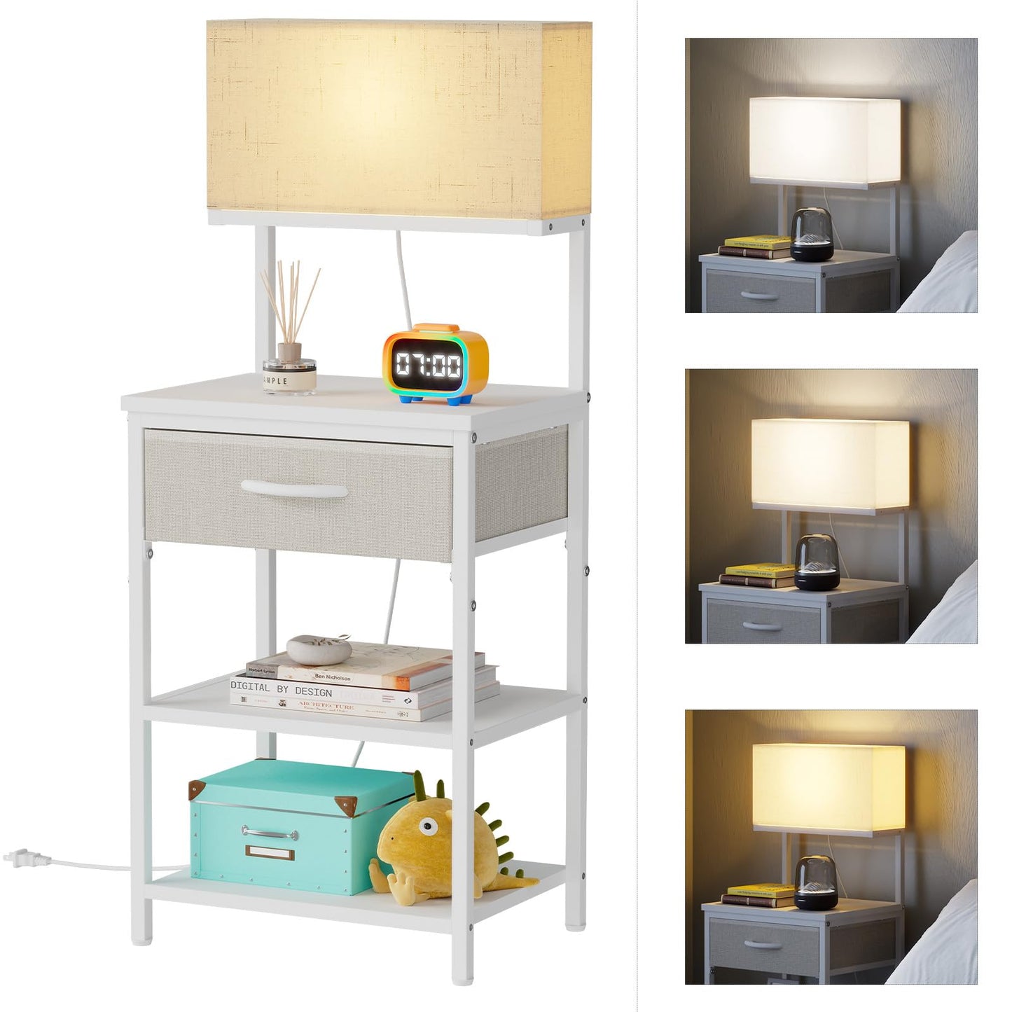 White Night Stand With Led Lamp, Small Nightstand With Drawer For small spaces, Small Bedside Table With Storage Shelves For Bedroom, Bed Side Table With Adjustable Feet, Metal Wood Structure, Sturdy
