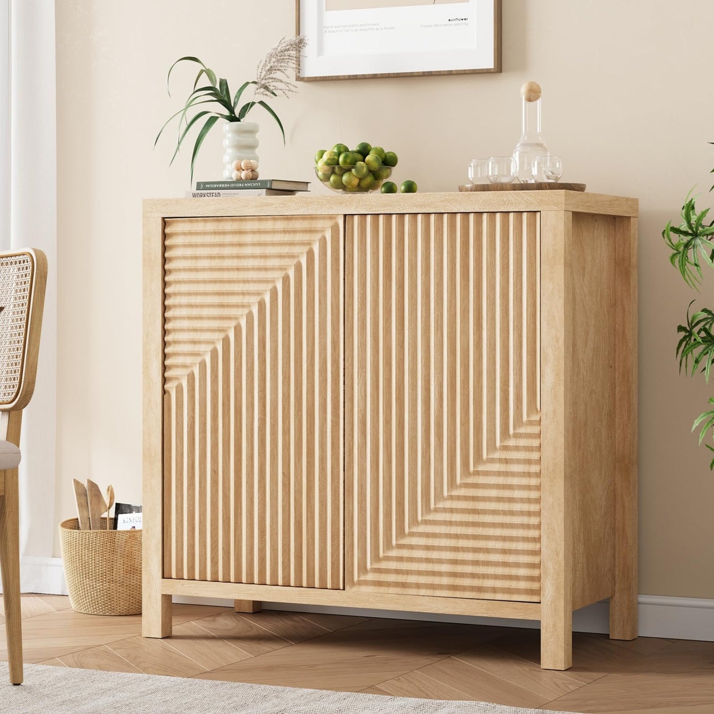 Jocoevol Sideboard Buffet Cabinet, Modern Fluted Kitchen Storage Buffets with 2 Pop-up Doors & Adjustable Shelves, Accent Credenza, Wood Buffet Table for Dining Room, Living Room (Brown)