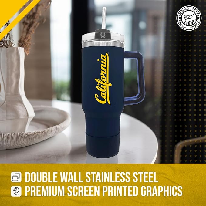 Campus Colors College & University 40 oz Travel Tumbler With Handle - Dual Option Lid With Straw - Vacuum Insulated Stainless Steel (Cal Golden Bears - Navy)