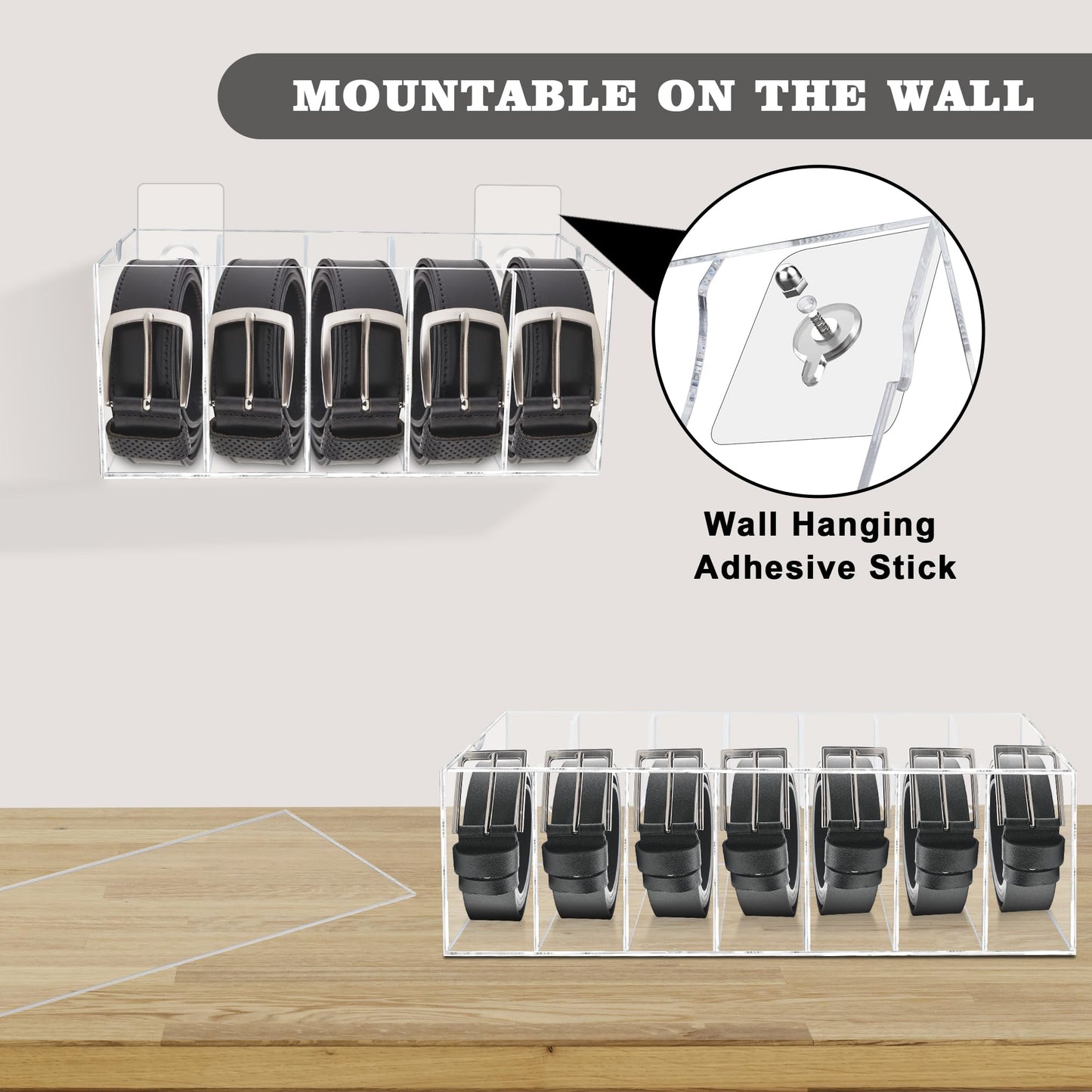 Belt Organizer, Acrylic Belt Storage Organizer for Closet, 7 Compartments Clear Belt Holder with Dust Cover, Belt Display Case Hanger for Drawer Tie and Bow Tie