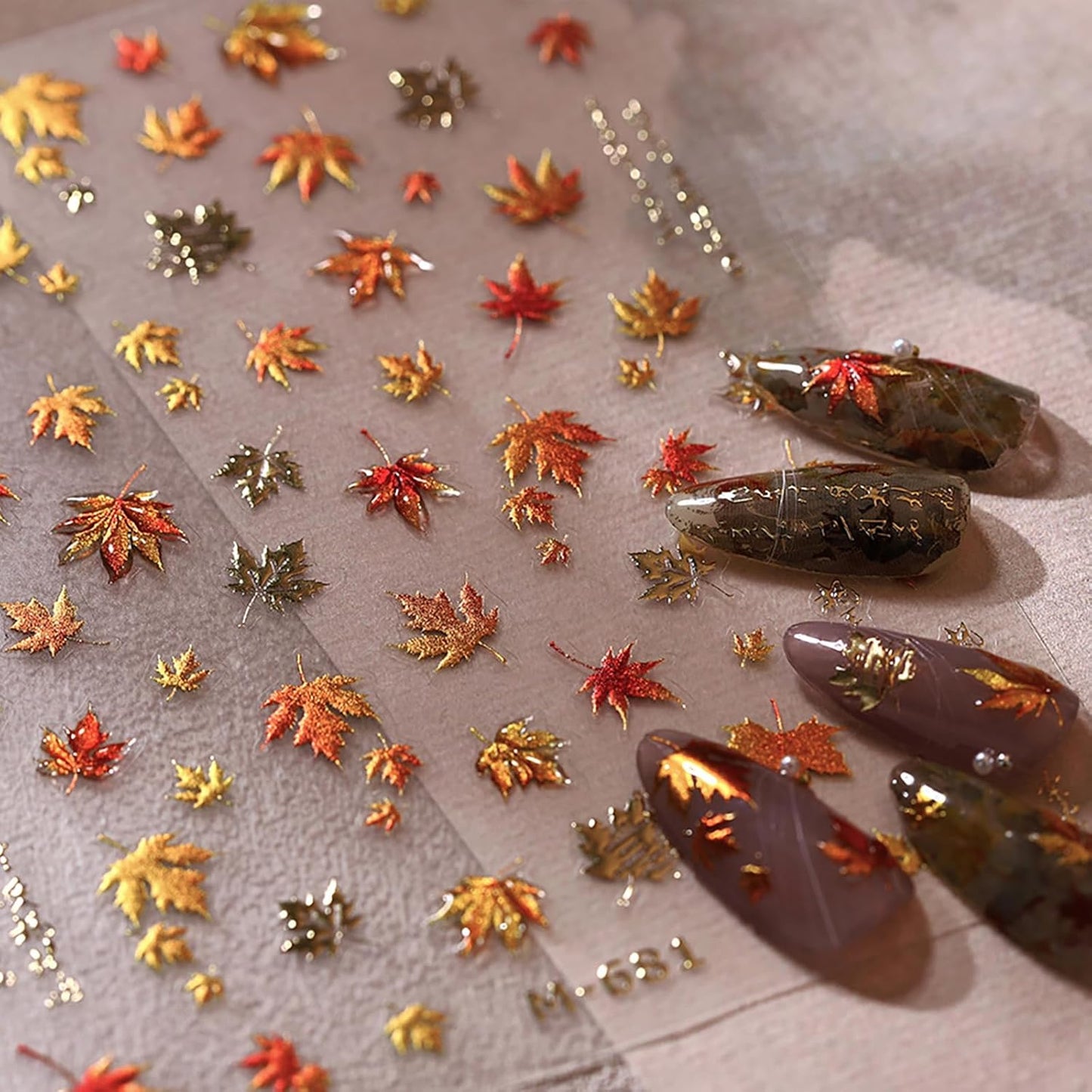 Fall Nail Stickers 1Sheed 3D Embossed Nail Art Stickers Holographic Nails Decals DIY Self-Adhesive with Maple Leaves Gradient Designs for Women Girls Autumn Elegant Nail Art Decorations