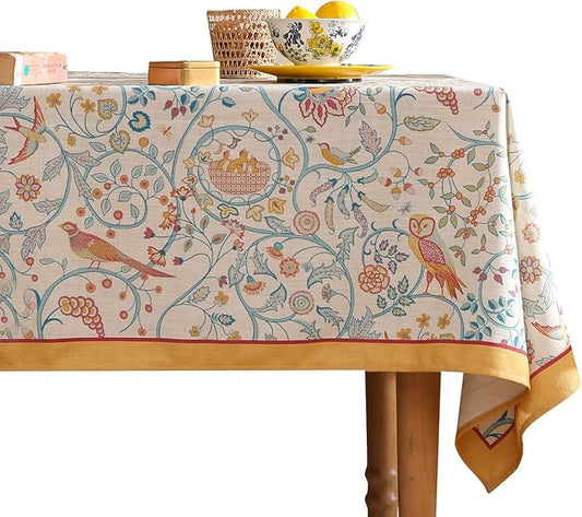 patdrea Designer Vintage French Rectangular Tablecloth,Floral Birds Pattern Linen Table Cloth,Fall Yellow Decor Table Cover for Kitchen Dining Banquet,Christmas,Thanksgiving,63"x87"-Magnolia