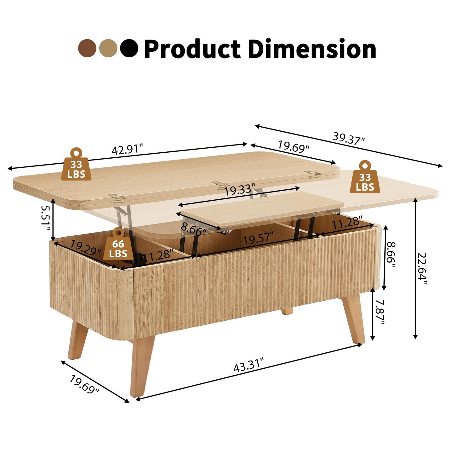 3 in 1 Lift Top Coffee Table, Fluted Convertible Coffee Tables Converts to Dining Tables, Modern Oval Wooden Center Table with Storage for Living Room Office Small Space, Partial Assembly (Natural)