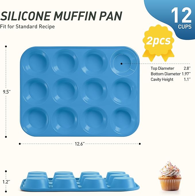 2 Pack 12 Cups Silicone Muffin Pan with Metal Reinforced Frame Regular Size Silicone Molds Cupcake Cake Baking Pans Cookie Baking Chocoflan Cupcake Mold Muffin Tin Tart Pans Necessities Cookware