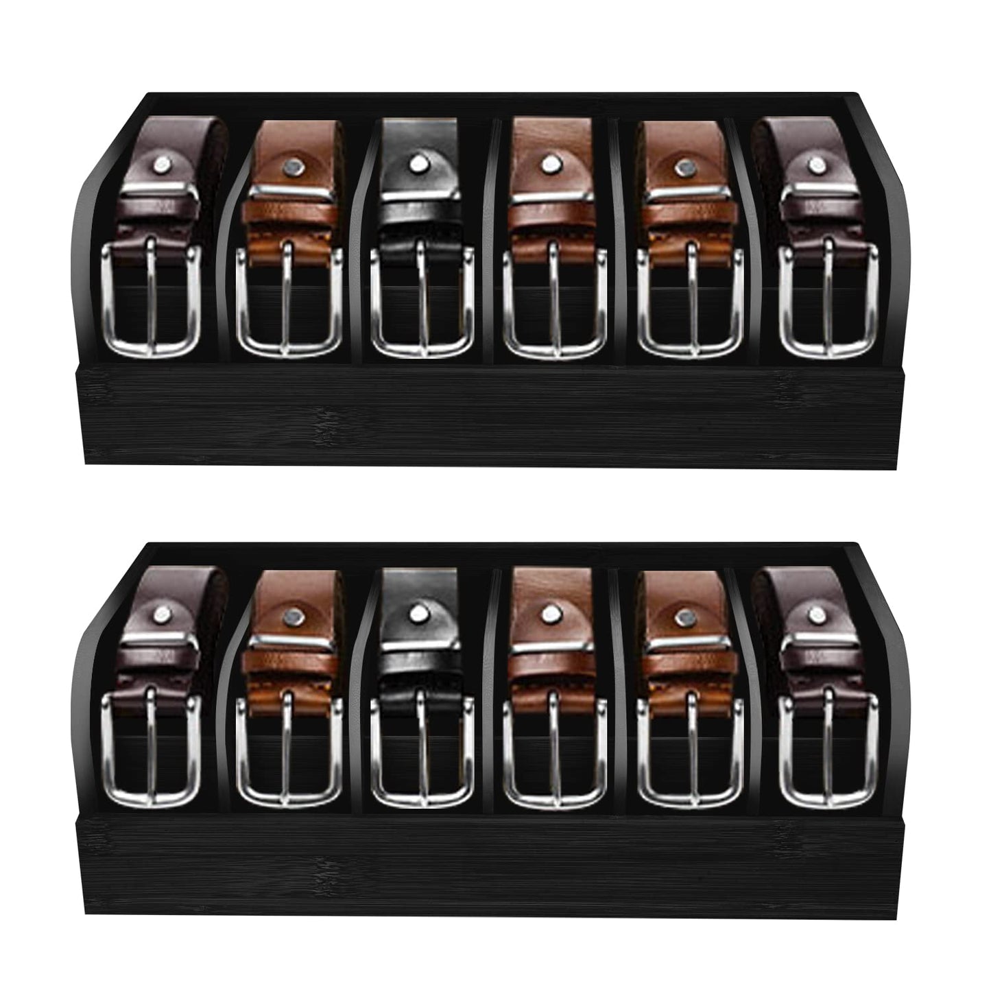 GTI Belt Organizer, 2pcs 6 Compartments Belt Organizer for Closet and Drawer, Bamboo Display Case for Tie and Belt, Belt Holder Storage Organizer for Men Women (Black)
