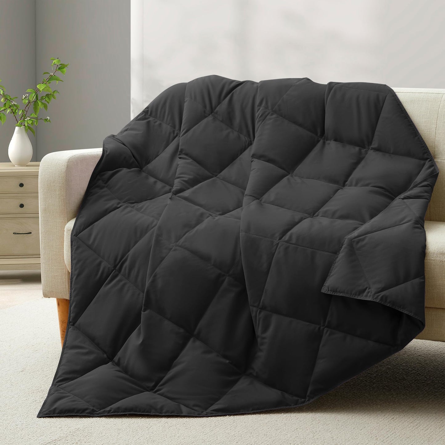 Deodar Natural Down Fiber Throw Blanket Couch, Sofa Down Fiber Blanket Throw Outdoor Lightweight Peach Skin Fabric, 50"X70", Black
