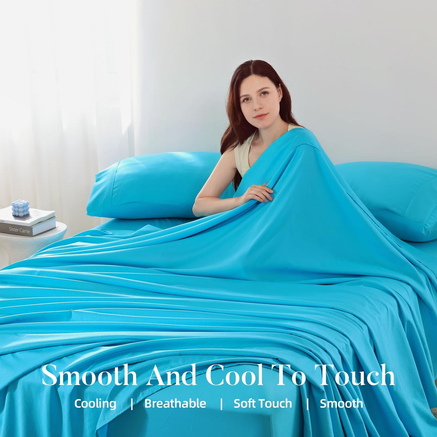 4 Piece Queen Size Sheet - Cooling Bed Sheets Set, Blend Rayon Derived from Bamboo, Breathable Soft Hotel Luxury Bedding & Pillowcases, Silky Fit 16 inch Extra Deep Pocket, Oeko-Tex - Aqua
