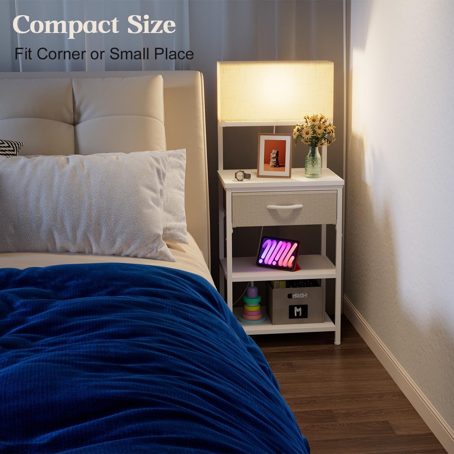 White Night Stand With Led Lamp, Small Nightstand With Drawer For small spaces, Small Bedside Table With Storage Shelves For Bedroom, Bed Side Table With Adjustable Feet, Metal Wood Structure, Sturdy