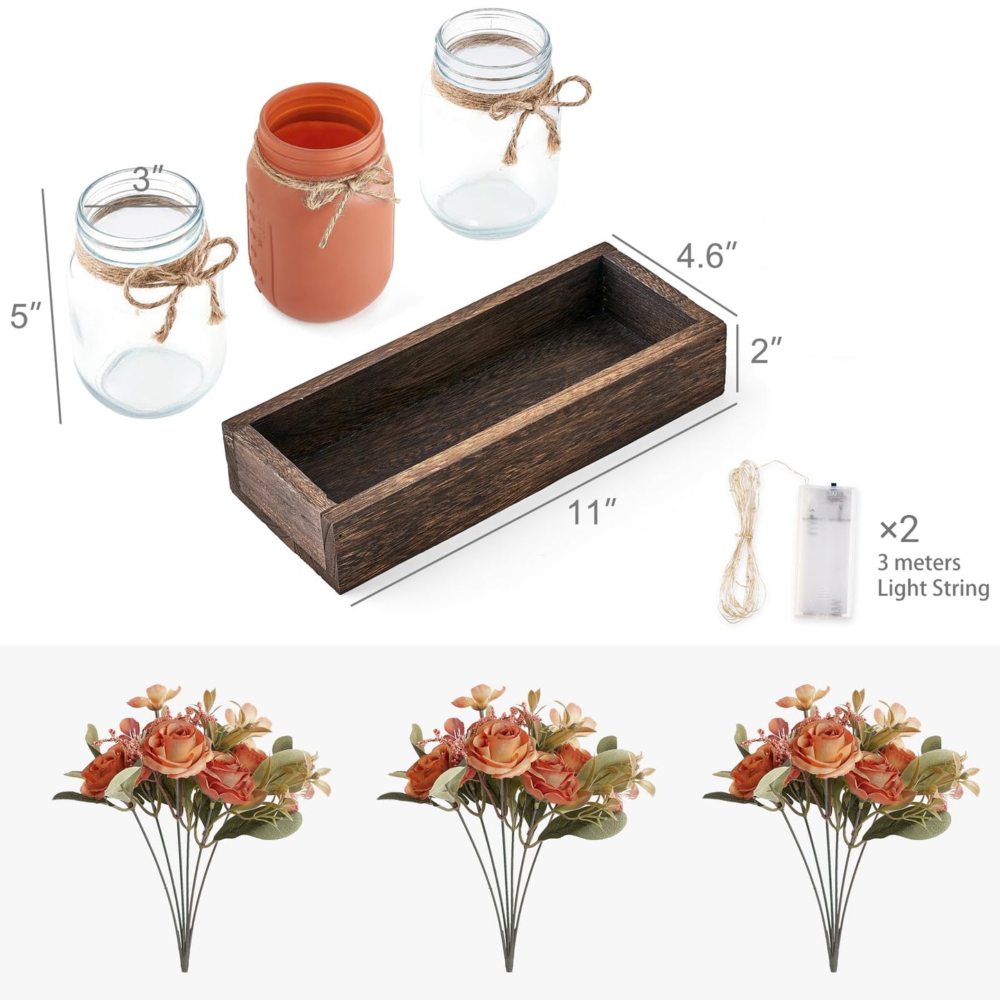 Mkono Mason Jar Lights Centerpiece Table Decorations for Dining Room Farmhouse Coffee Table Decor Tray with 3 Jars Flowers Centerpieces Summer Decor for Kitchen Living Dining Room, Orange