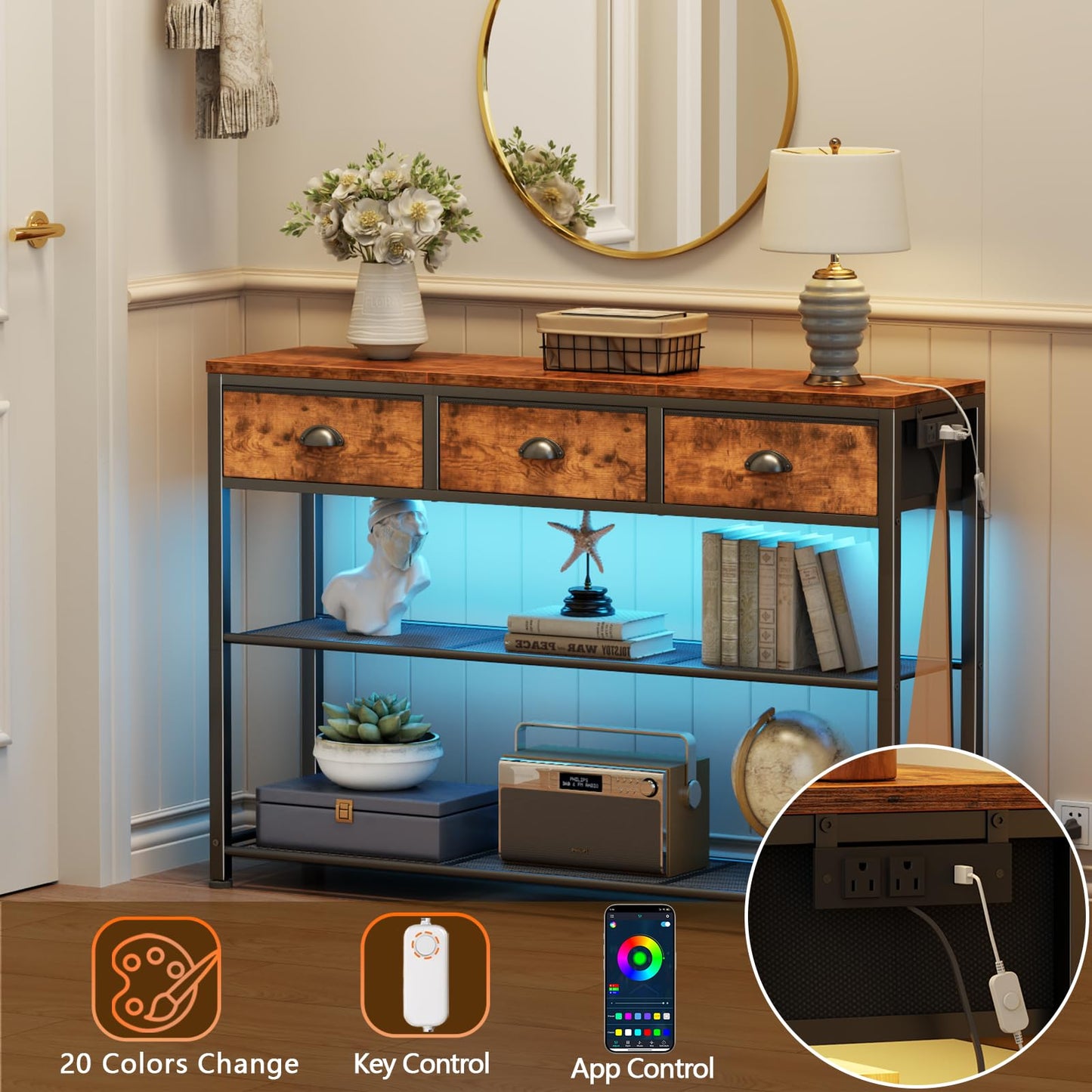 Furologee Console Table with Charging Station & 3 Fabric Drawers, 38'' Entryway Table with Storage Shelves and LED Light for Entry Way, Industrial Display Shelf for Hallway, Foyer, Rustic Brown