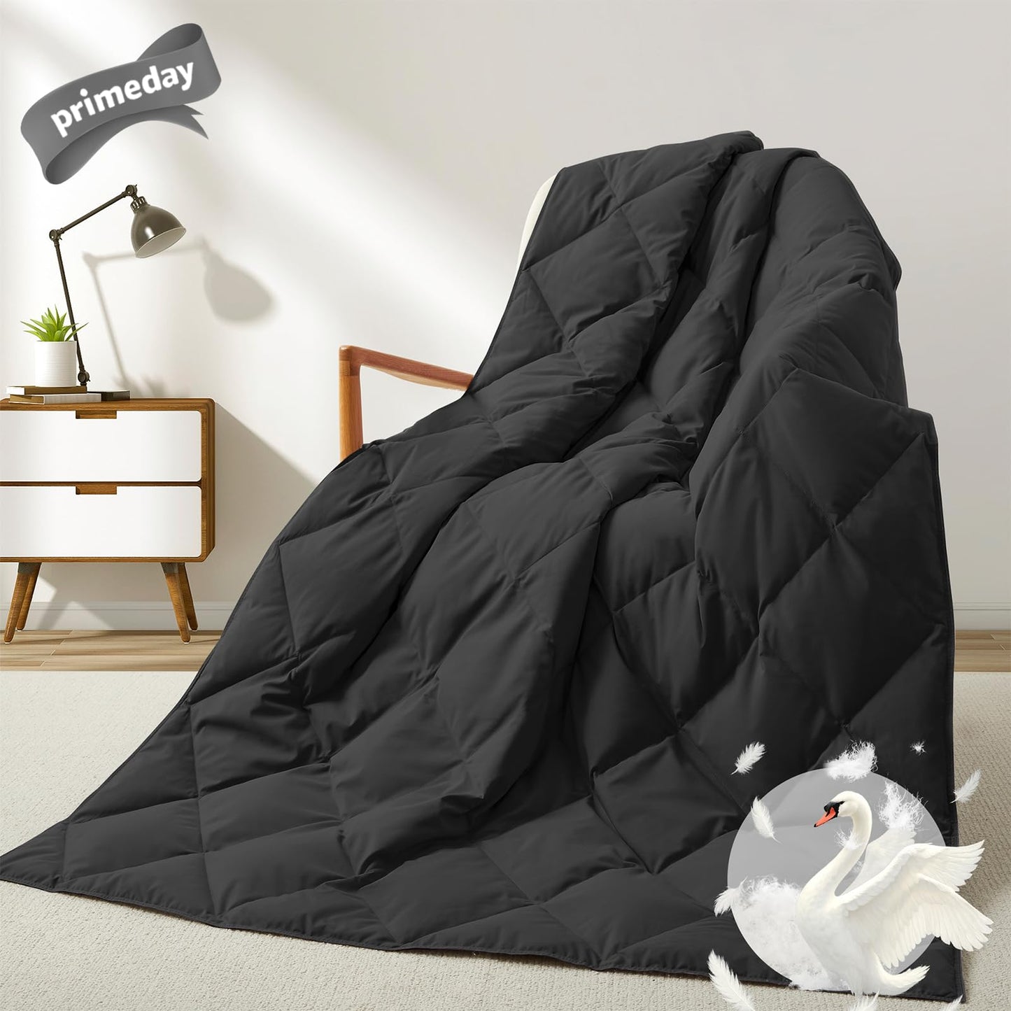 Deodar Natural Down Fiber Throw Blanket Couch, Sofa Down Fiber Blanket Throw Outdoor Lightweight Peach Skin Fabric, 50"X70", Black