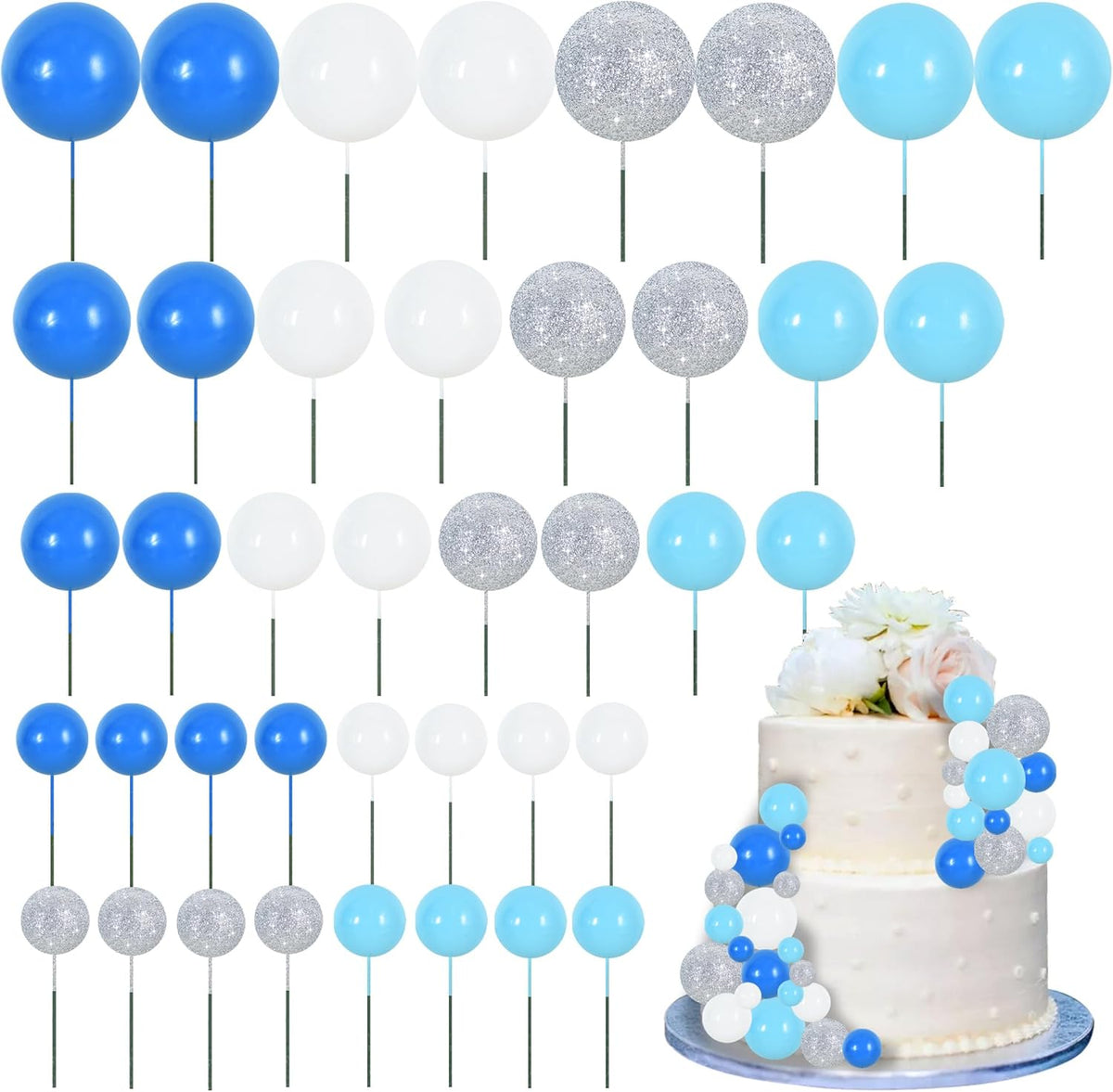 BEISHIDA 40 Pcs Foam Ball Cake Toppers with Sticks Mini Cake Decorations for Birthdays, Boys Party, Baby Showers, DIY Baking Supplies, Winter Party (Blue，White，Silver)