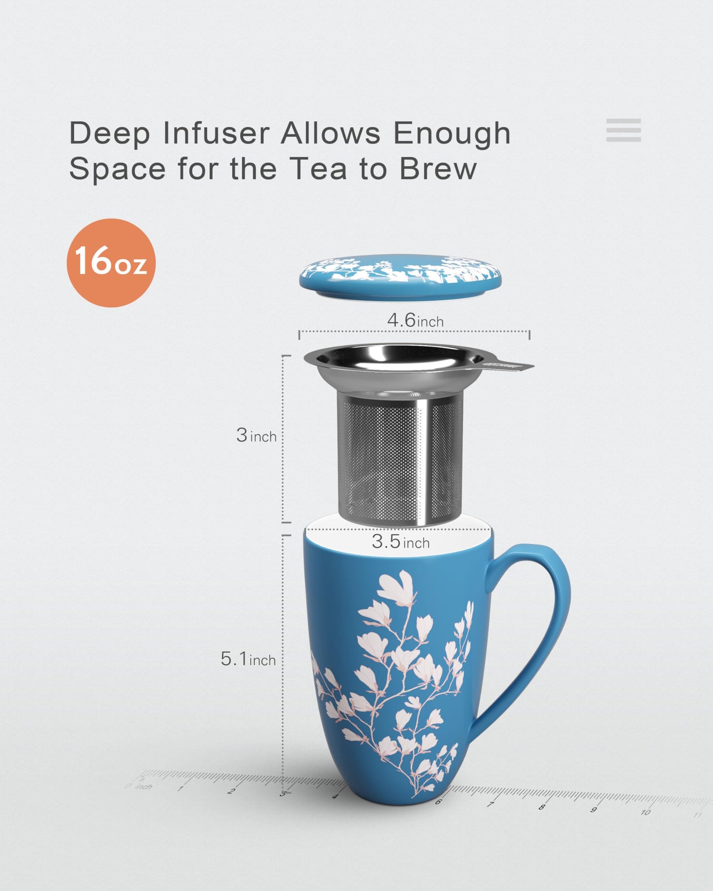 immaculife Tea Cup with Infuser and Lid - Tea Mug with Lid for Steeping Loose Leaf Coffee Milk Women Office Home Gift 16oz Navy Flower