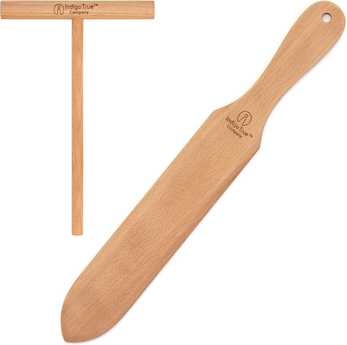 The ORIGINAL Crepe Spreader and Spatula Kit - 2 Piece Set (5” Spreader and 14” Spatula) Convenient Size to Fit Medium Crepe Pan Maker | All Natural Beechwood Construction only From Indigo True Company