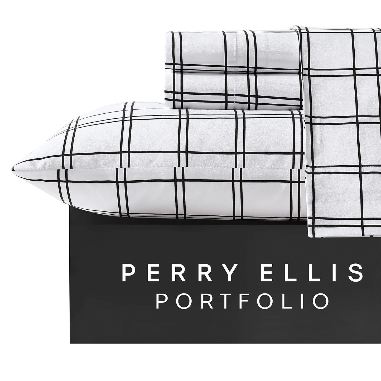 Perry Ellis Portfolio - Sheet Set, Wrinkle Resistant Bedding with Matching Pillowcases, Lightweight & Breathable Sheets, Dorm Room Essentials, Plaid Home Decor (Malo White/Black, King)