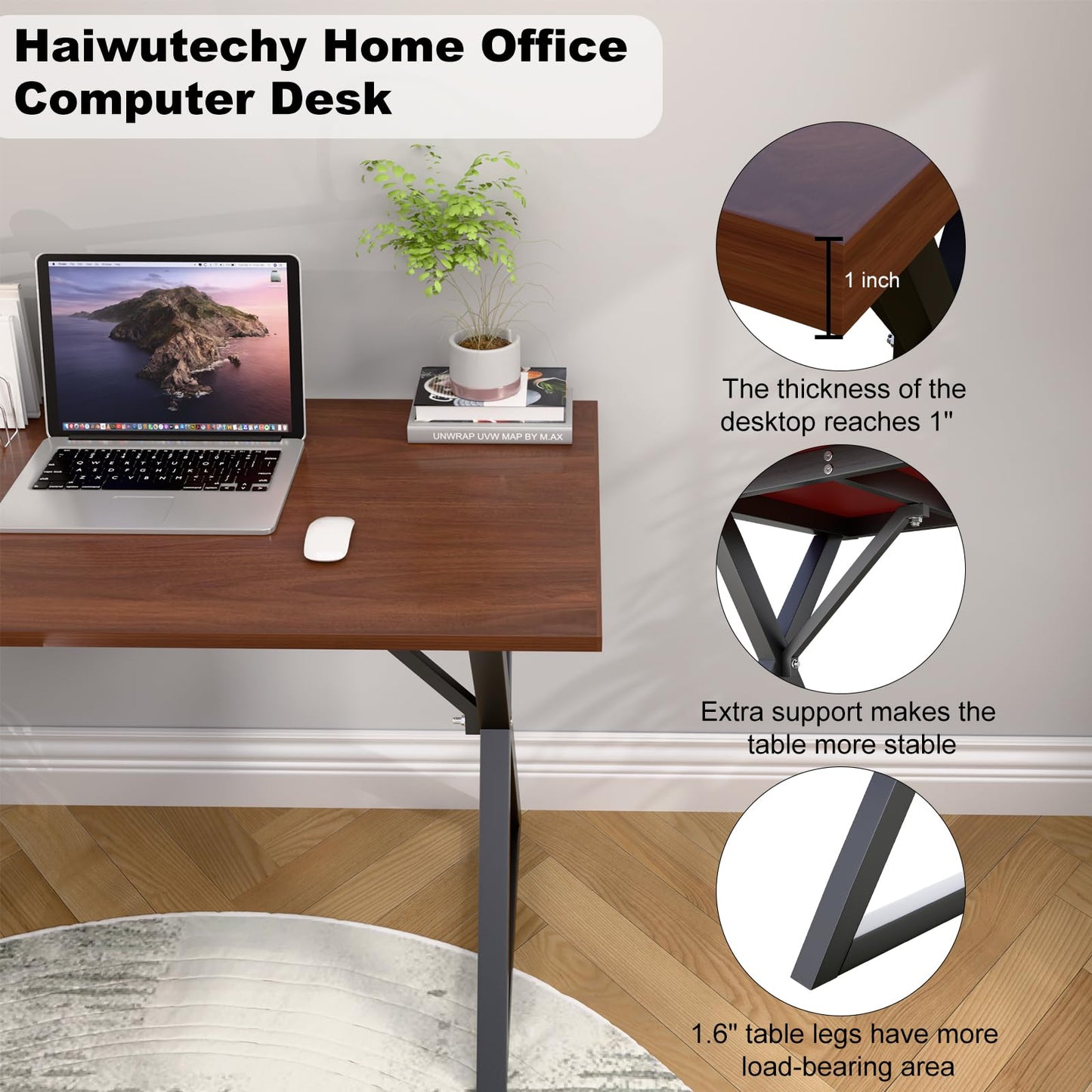 Haiwutechy Heavy Duty Computer Desk 47 x 24 Inch Rustic Sturdy Workstation Business Furniture Study Writing Table for Home Office Company School Dorm Apartment (Brown, 47")