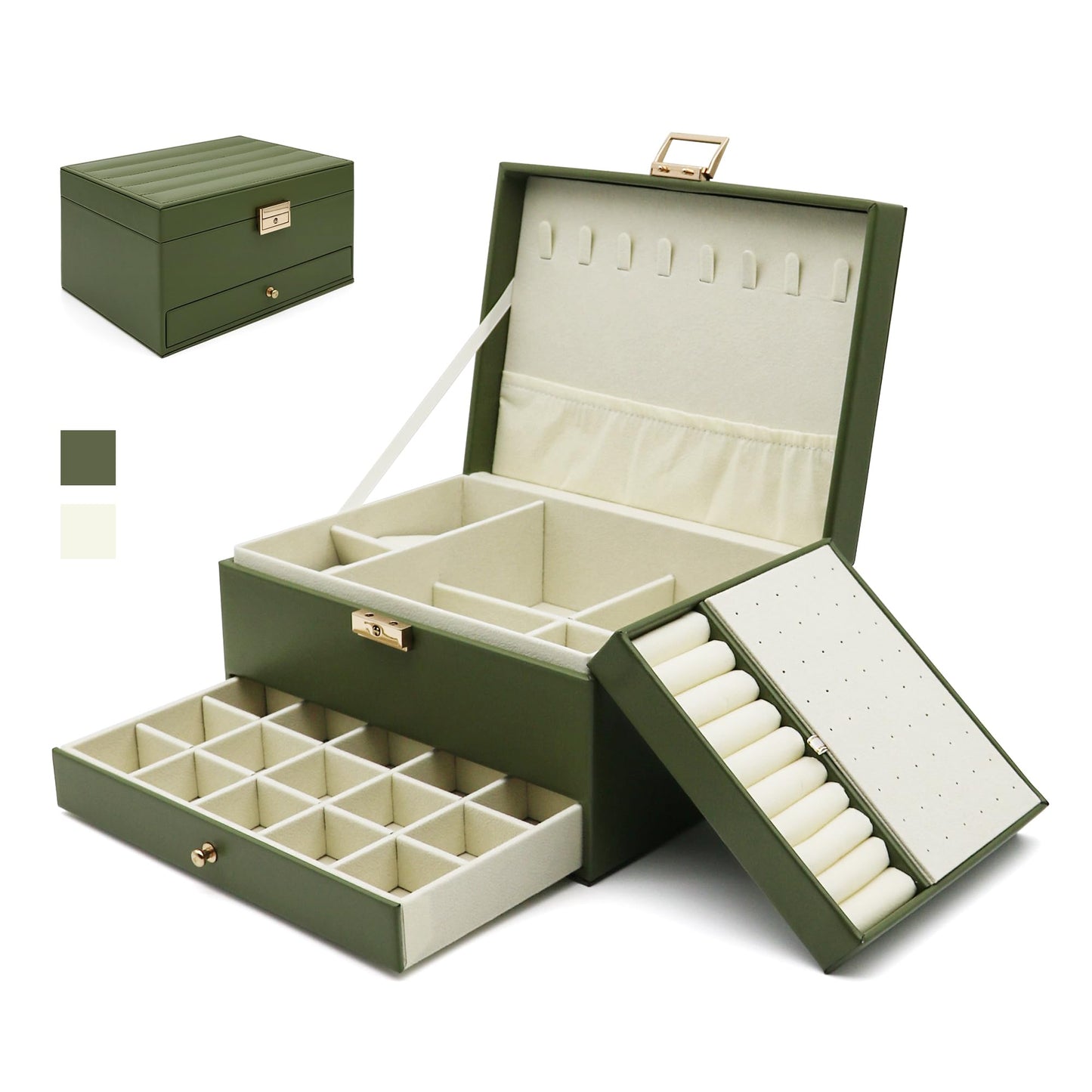 Jewelry Organizer Box, Jewelry Box Organizers for Women Girls, 3 Layers Large Leather Jewels Storage Case for Earring, Rings, Necklaces Bracelets, Big and Small Jewellery, Watch, Gift (OliveGreen)