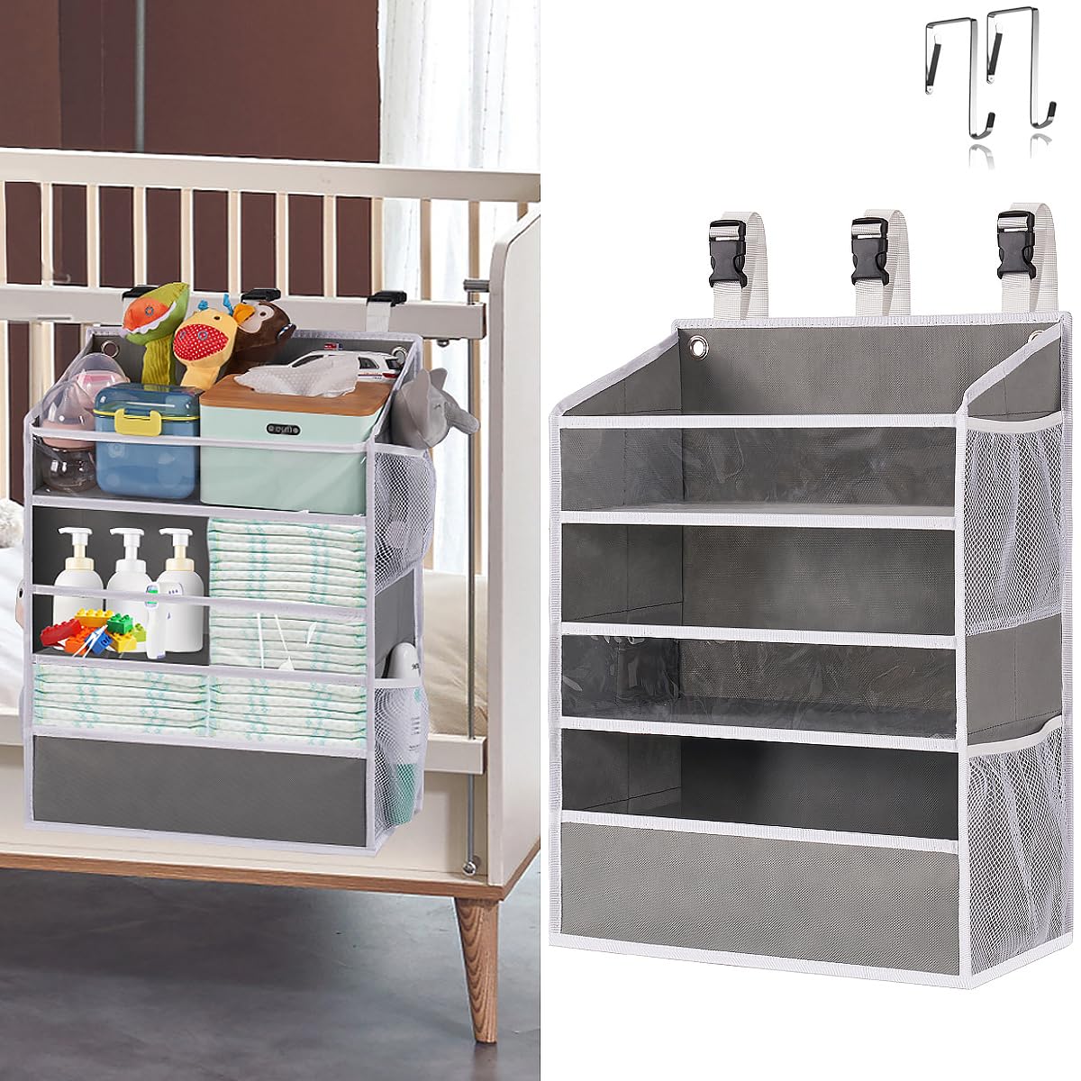 WishJazz XL Hanging Diaper Caddy Organizer for Changing Table, Crib, Playard, Wall & Door, Reinforced Diaper Stacker and Nursery Organizer-Hold 90+Diaper for Newborn Baby Essentials