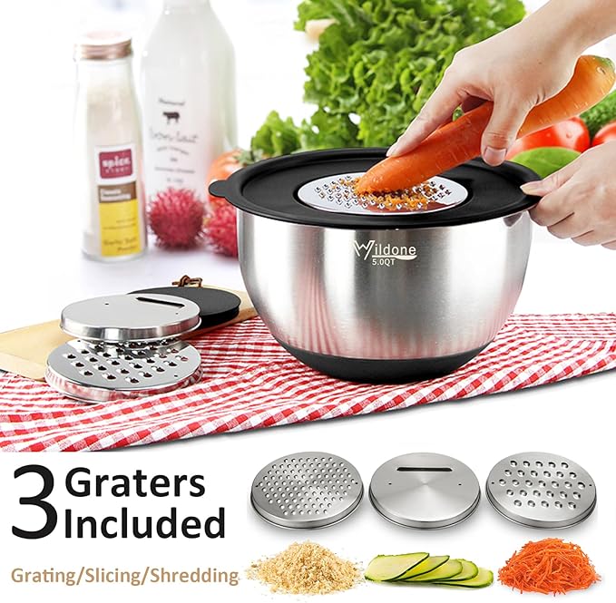 Wildone Mixing Bowls with Airtight Lids, 27 PCS Stainless Steel Nesting Bowls, with 3 Grater Attachments, Scale Mark & Non-Slip Bottom, Size 5, 4, 3, 2, 1.5, 1, 0.63QT, Ideal for Mixing & Prepping