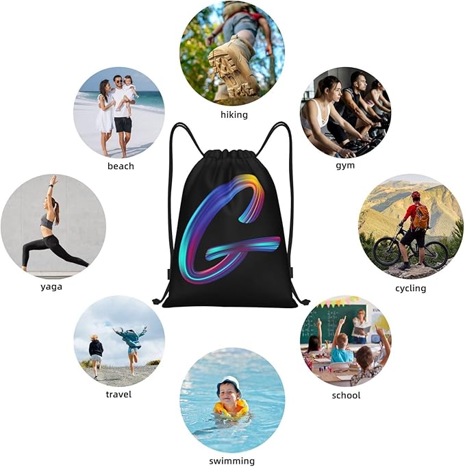 Drawstring Bags Initial Drawstring Backpack Sackpack Black Draw String Cinch Bags for Sports, Gym, Travel, Swimming, Beach, Camping, Rainbow Letter G